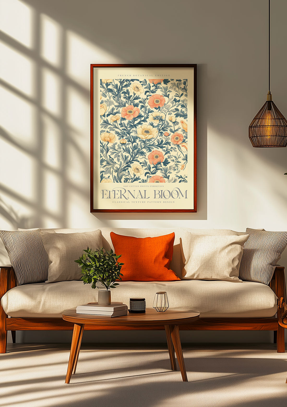 affiche murale William Morris de fleurs couleurs crème, rouge vintage et vert, sur un mur blanc dans un salon.