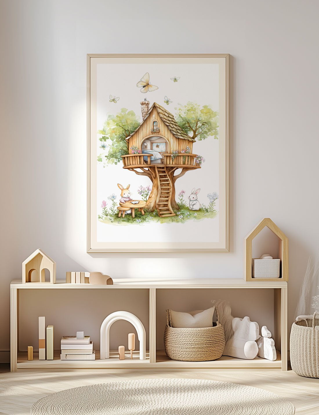 Une affiche chambre enfant d'une maison de lapins, encadrée sur un mur.