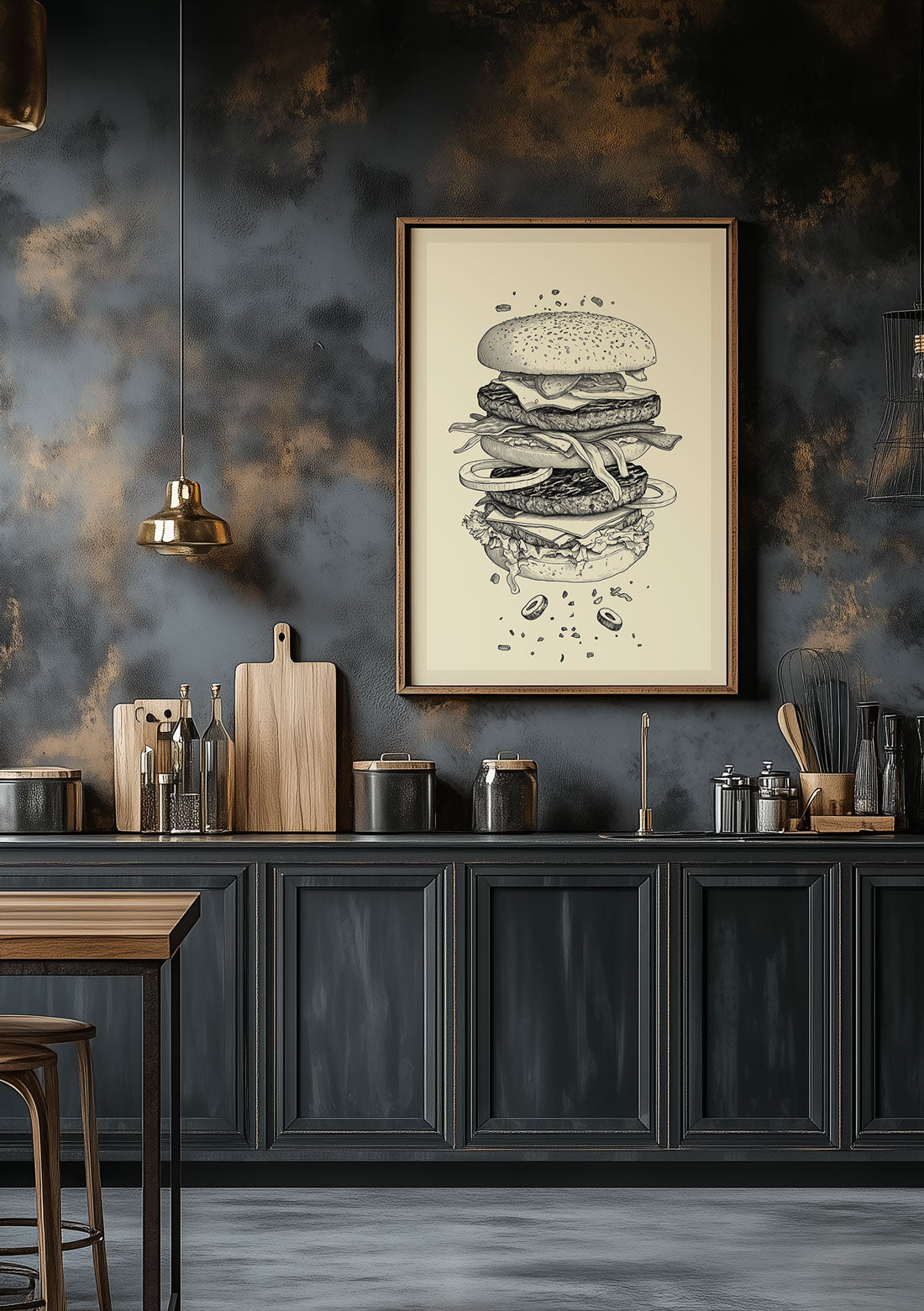 Affiche cuisine vintage d'un éclaté de burger encadrée, sur le mur d'une cuisine.