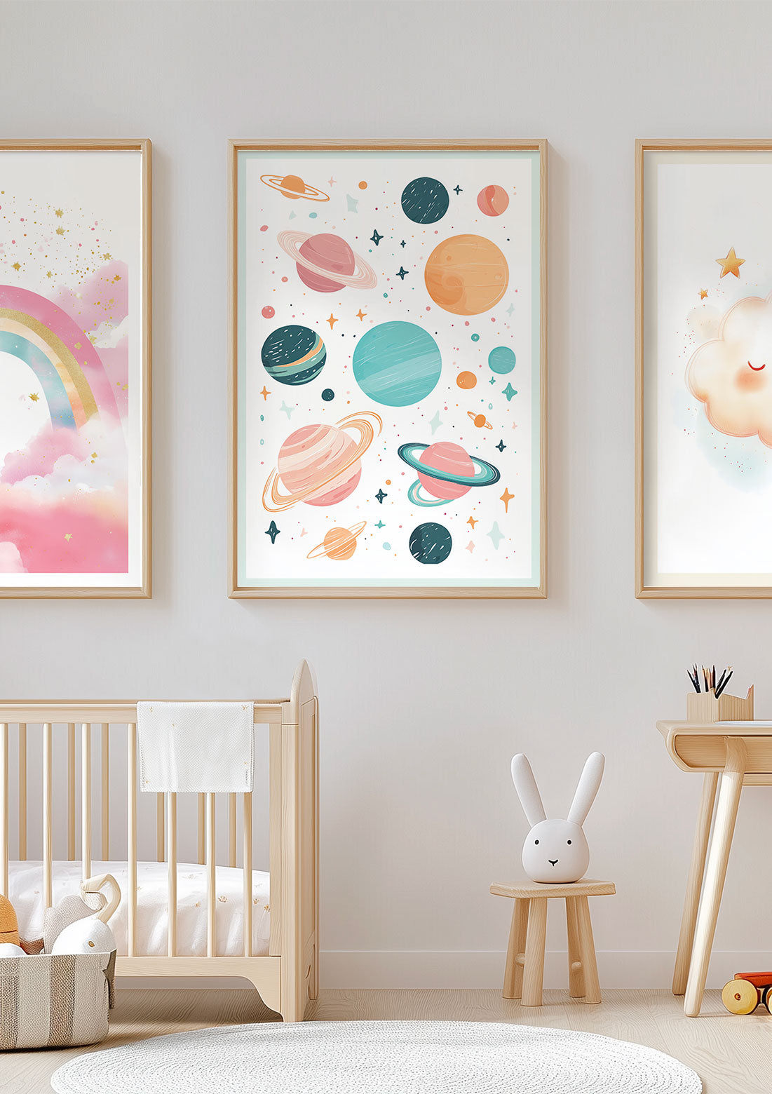 Affiche chambre enfant planètes et étoiles encadrée au milieu de deux autres affiches.