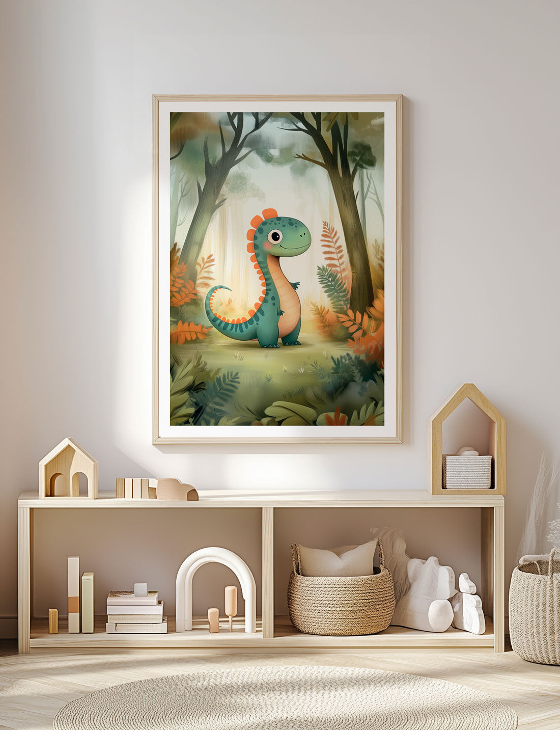 Affiche pour chambre d'enfant d'un dinosaure dans foret, encadrée sur le mur d'une salle de jeux.