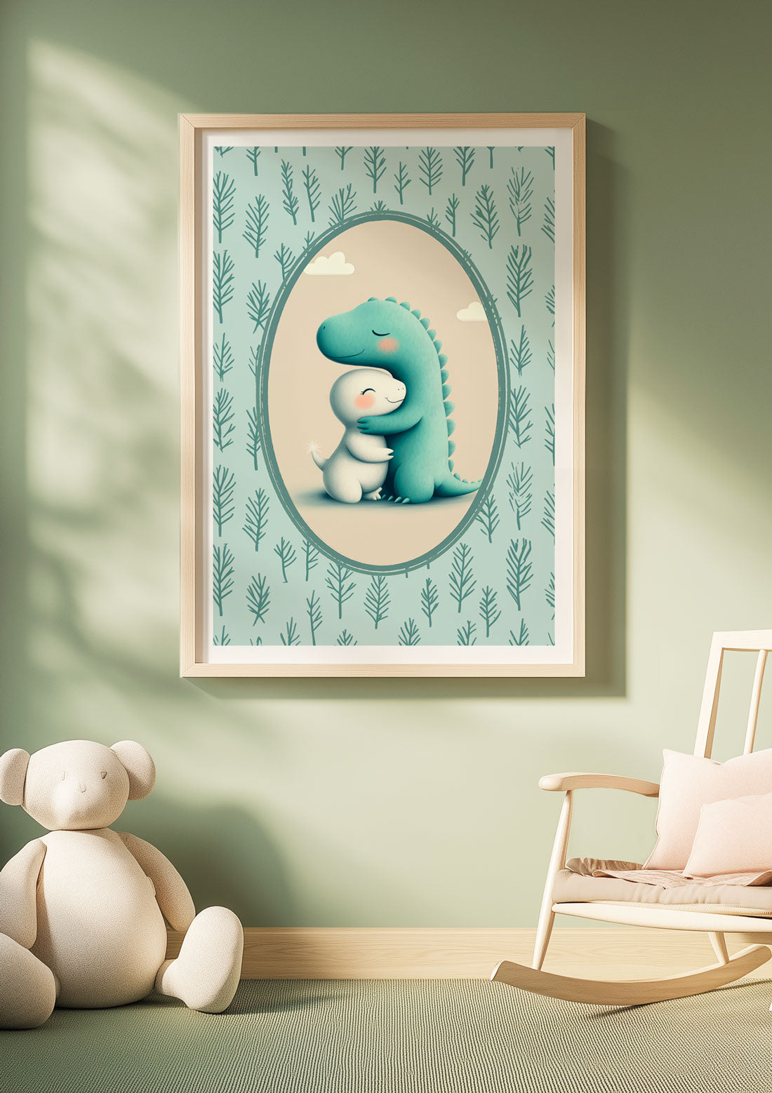 L'affiche chambre enfant des dinosaures sur fond bleu, encadrée dans une chambre.