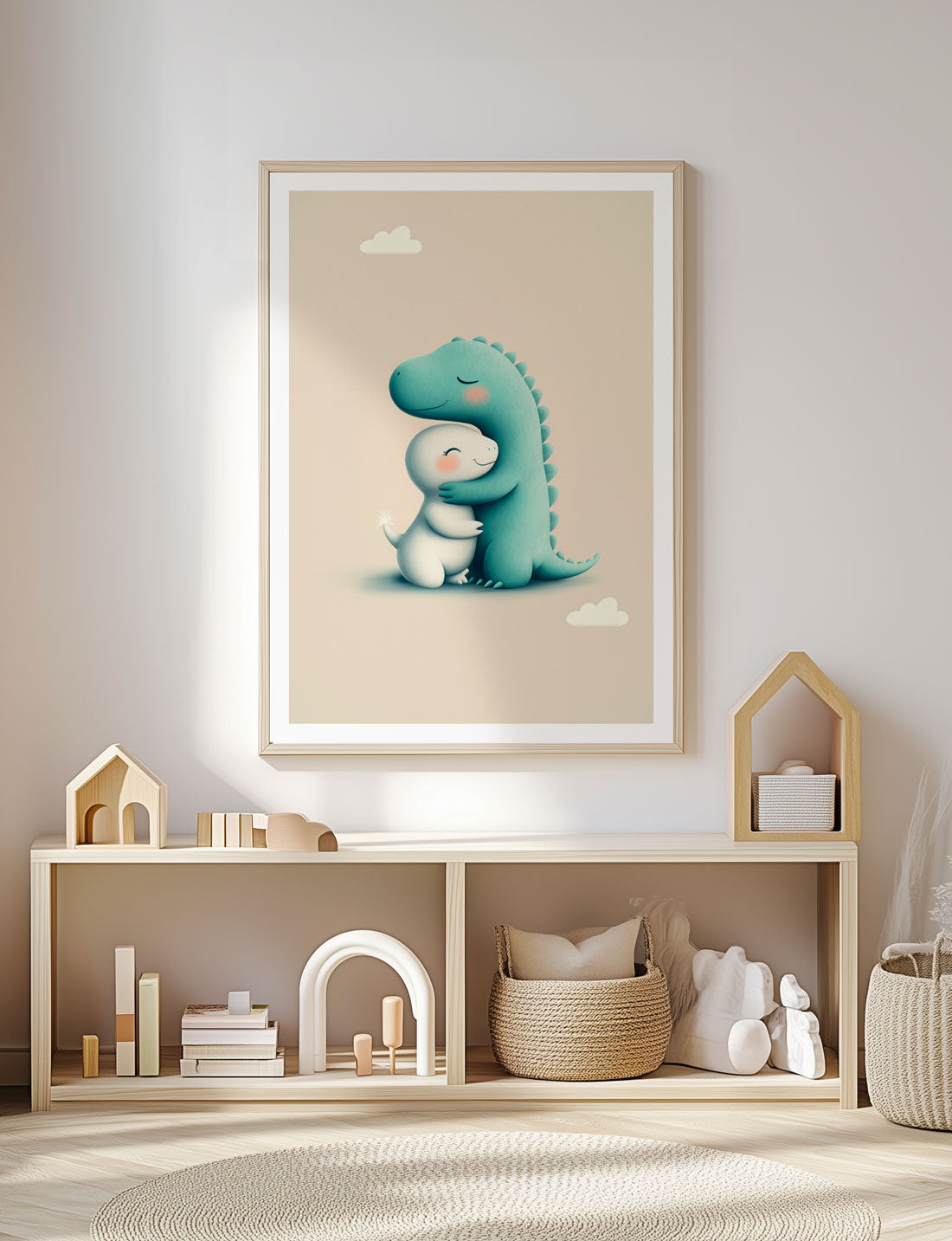 L'affiche chambre enfant des dinosaures sur fond clair, encadrée dans une chambre.