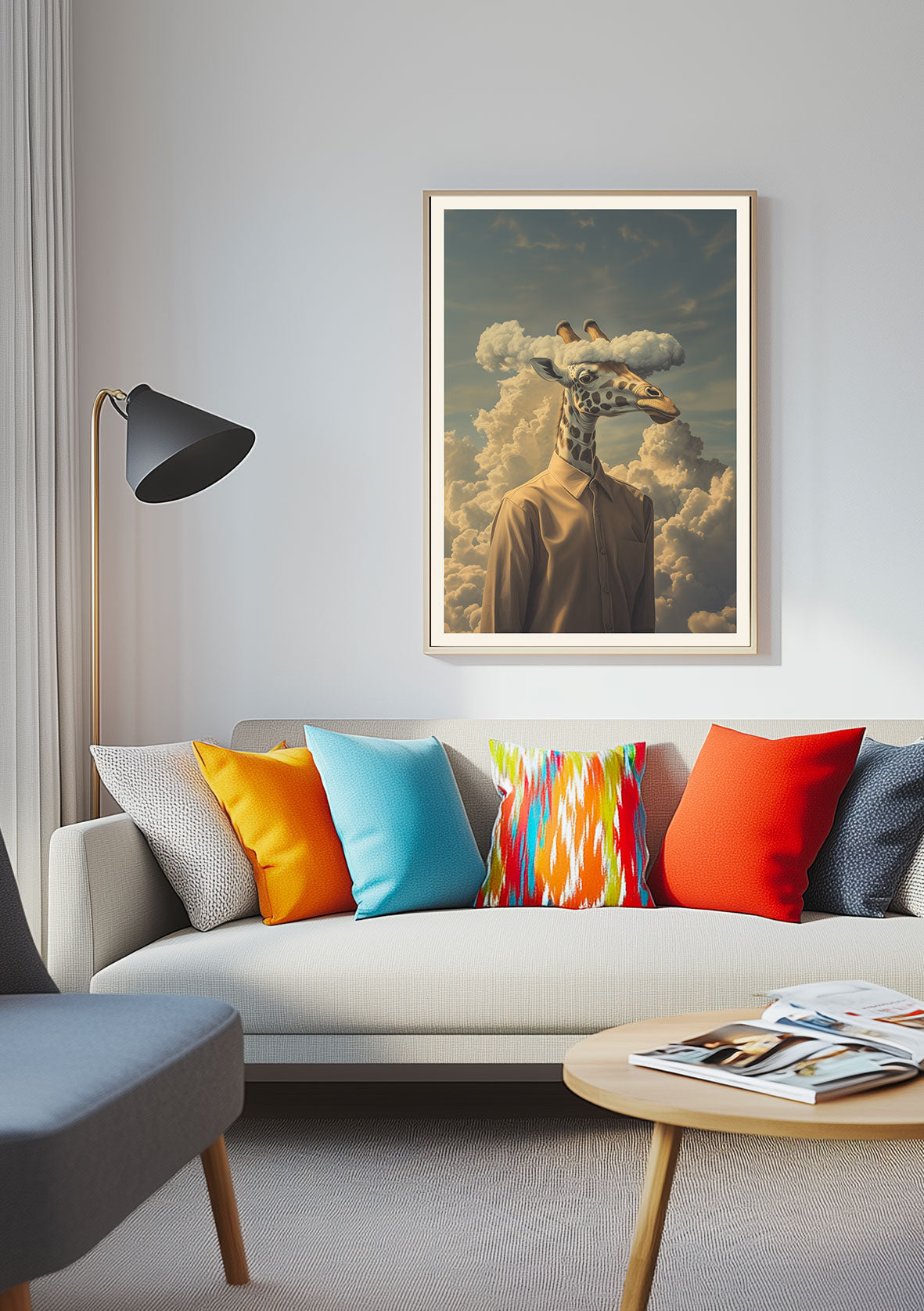 Mise en situation de l'affiche murale surréaliste girafe habillée et nuage, dans un salon.