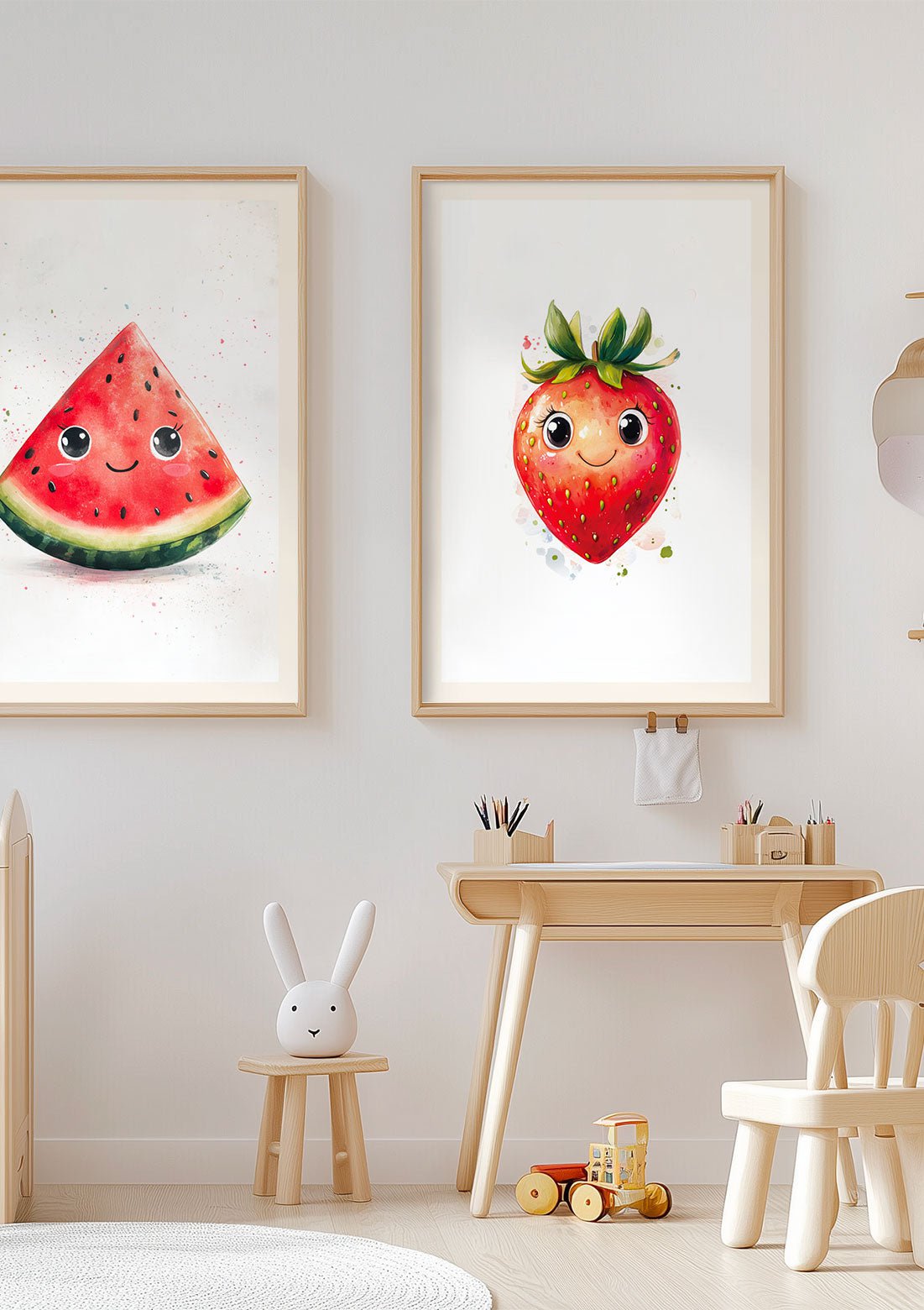 Affiche pour chambre enfant d'une fraise, encadrée sur un mur à coté d'une autre affiche.