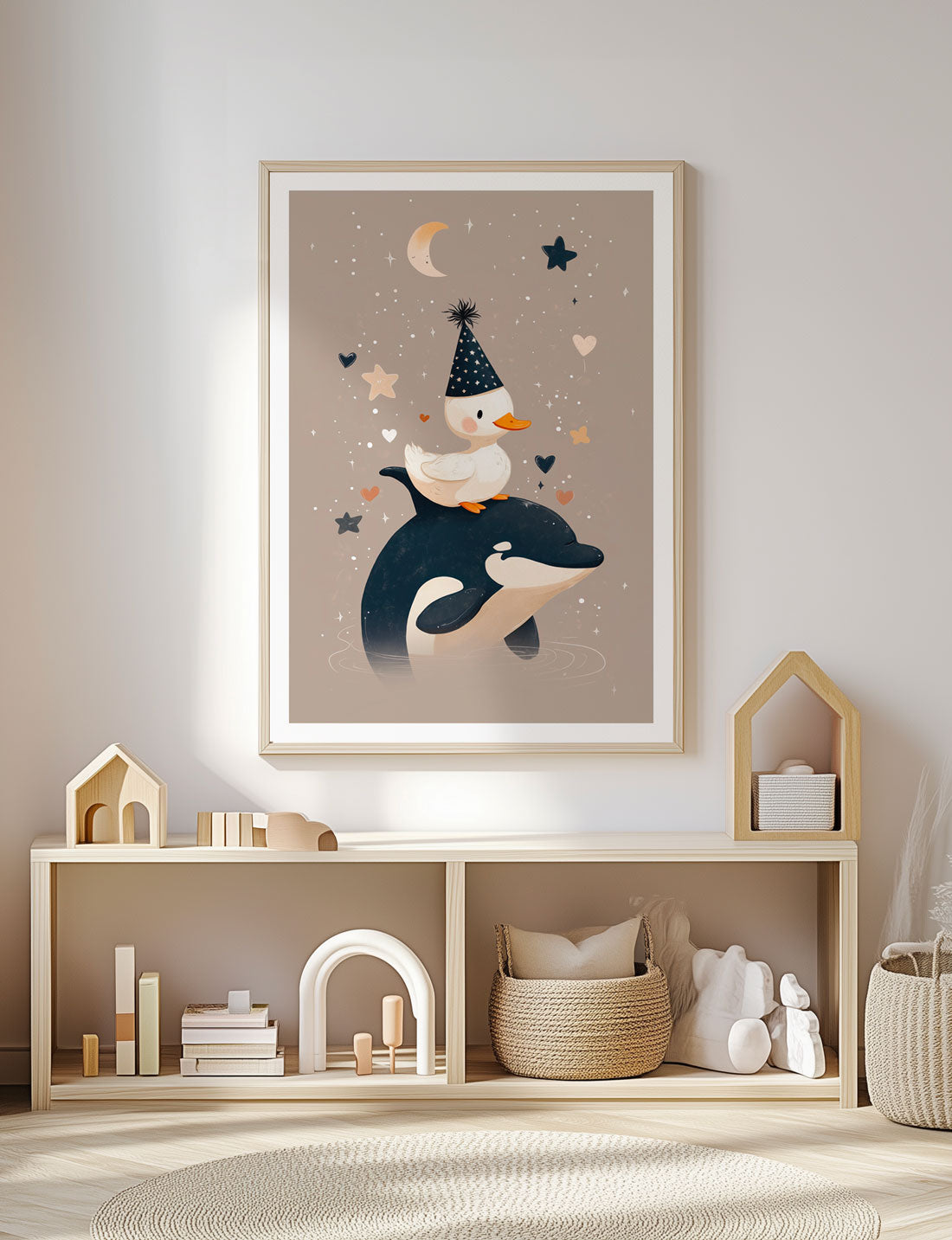 Affiche pour chambre bébé d'un canard sur un orque encadrée dans une chambre.