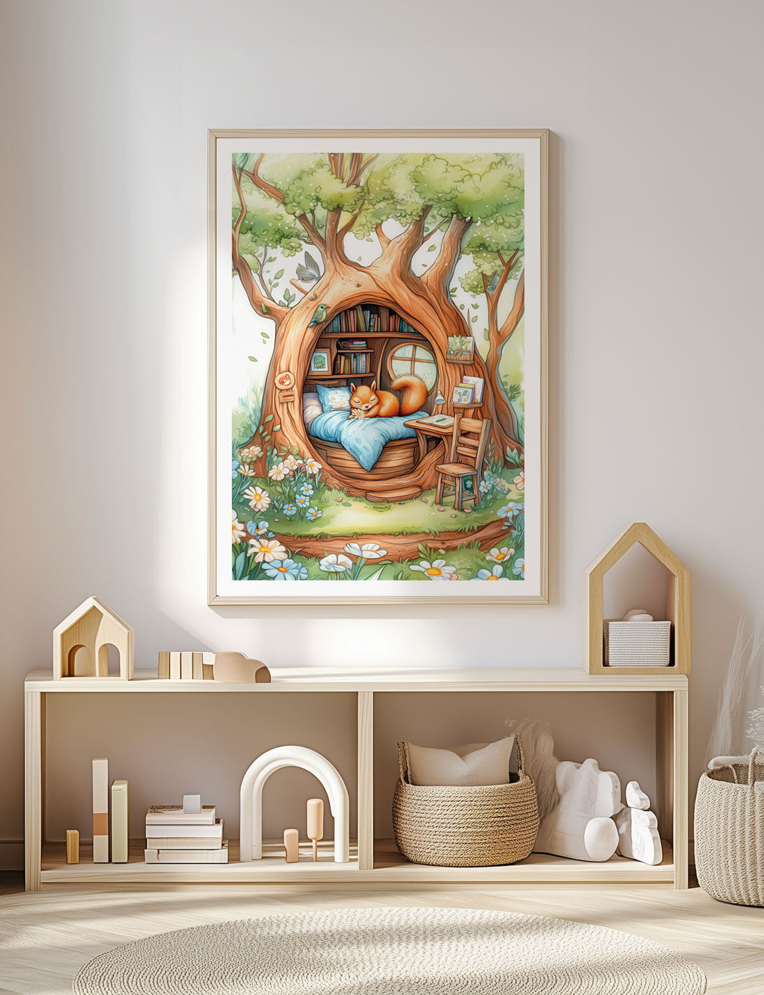 Affiche chambre enfant de l'écureuil dans sa maison, encadrée sur le mur d'une salle de jeux.