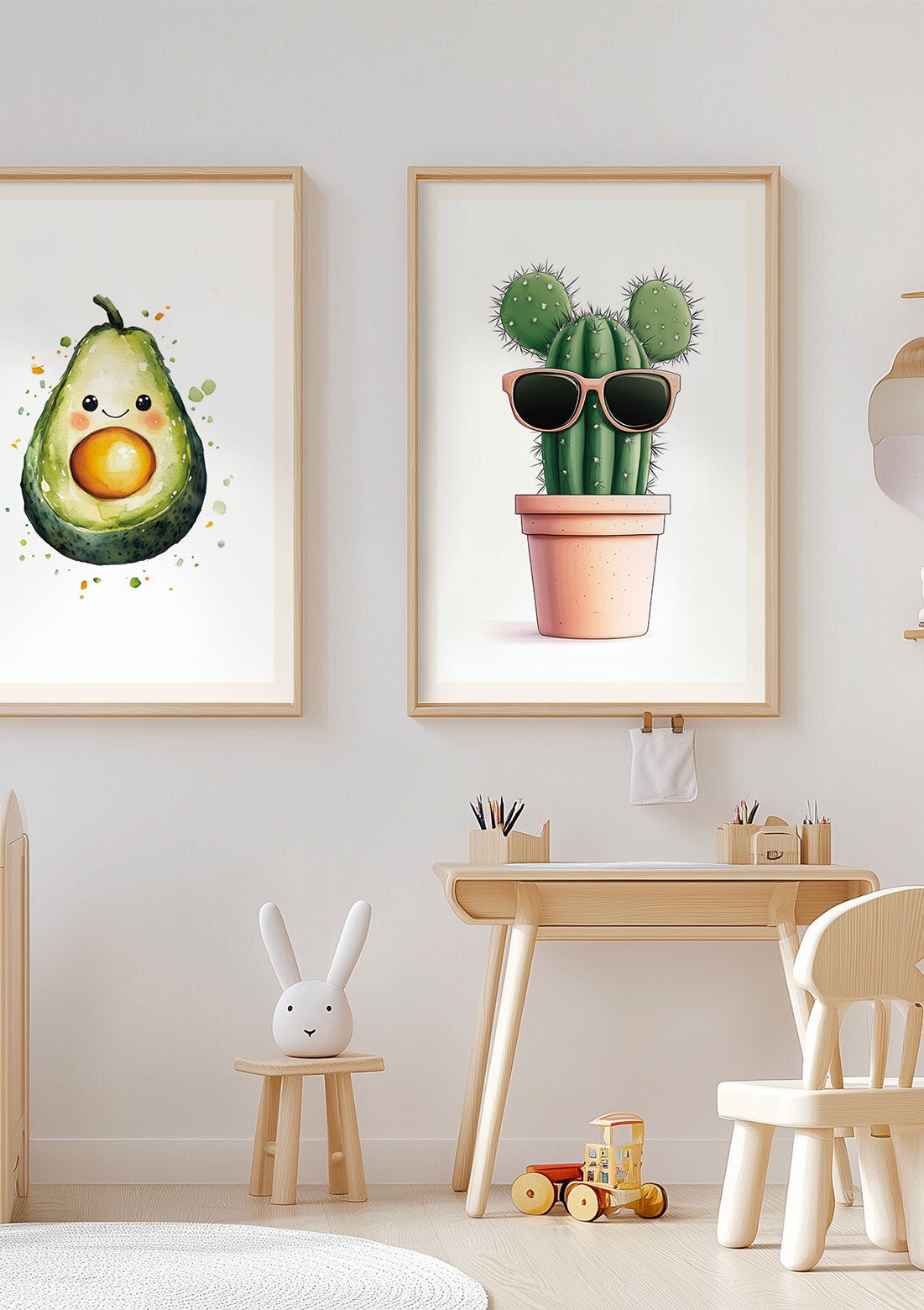 Mise en situation de l'affiche chambre enfant cactus encadrée à coté d'une autre affiche.