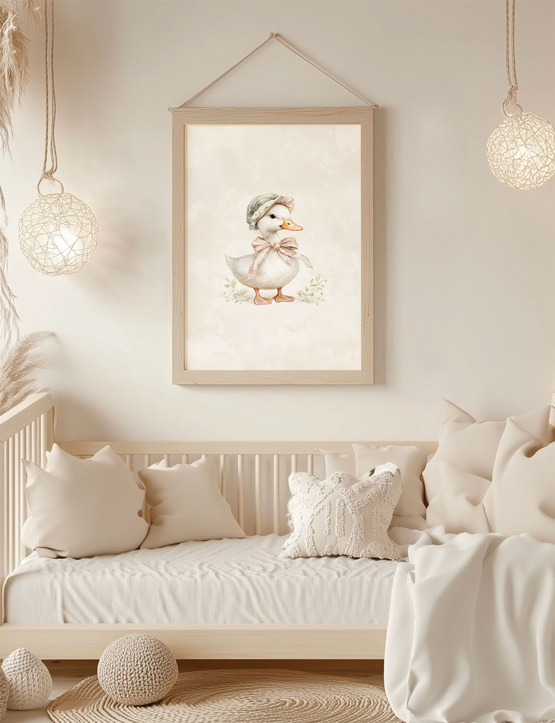 Affiche chambre enfant petite oie avec bonnet et ruban encadrée dans une chambre.