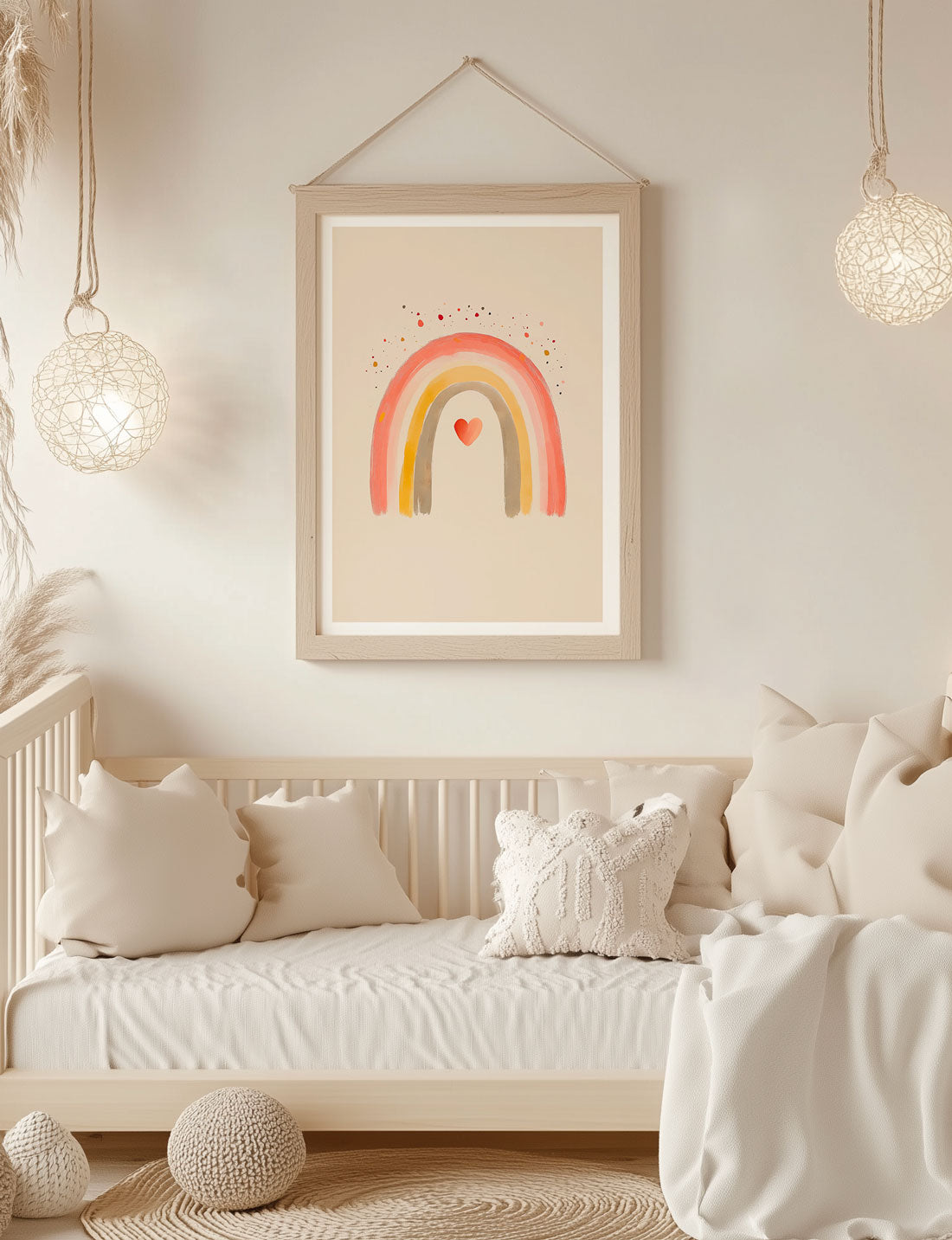 Affiche chambre enfant arc en ciel pastel encadrée au dessus d'un lit d'enfant.