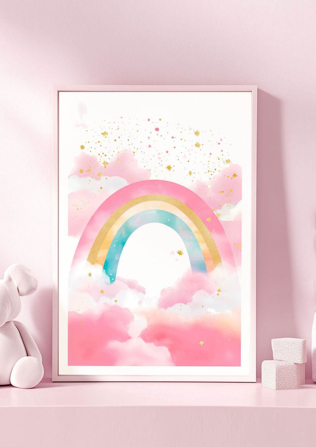 Affiche chambre enfant arc en ciel à paillettes encadrée et posée sur une étagère.