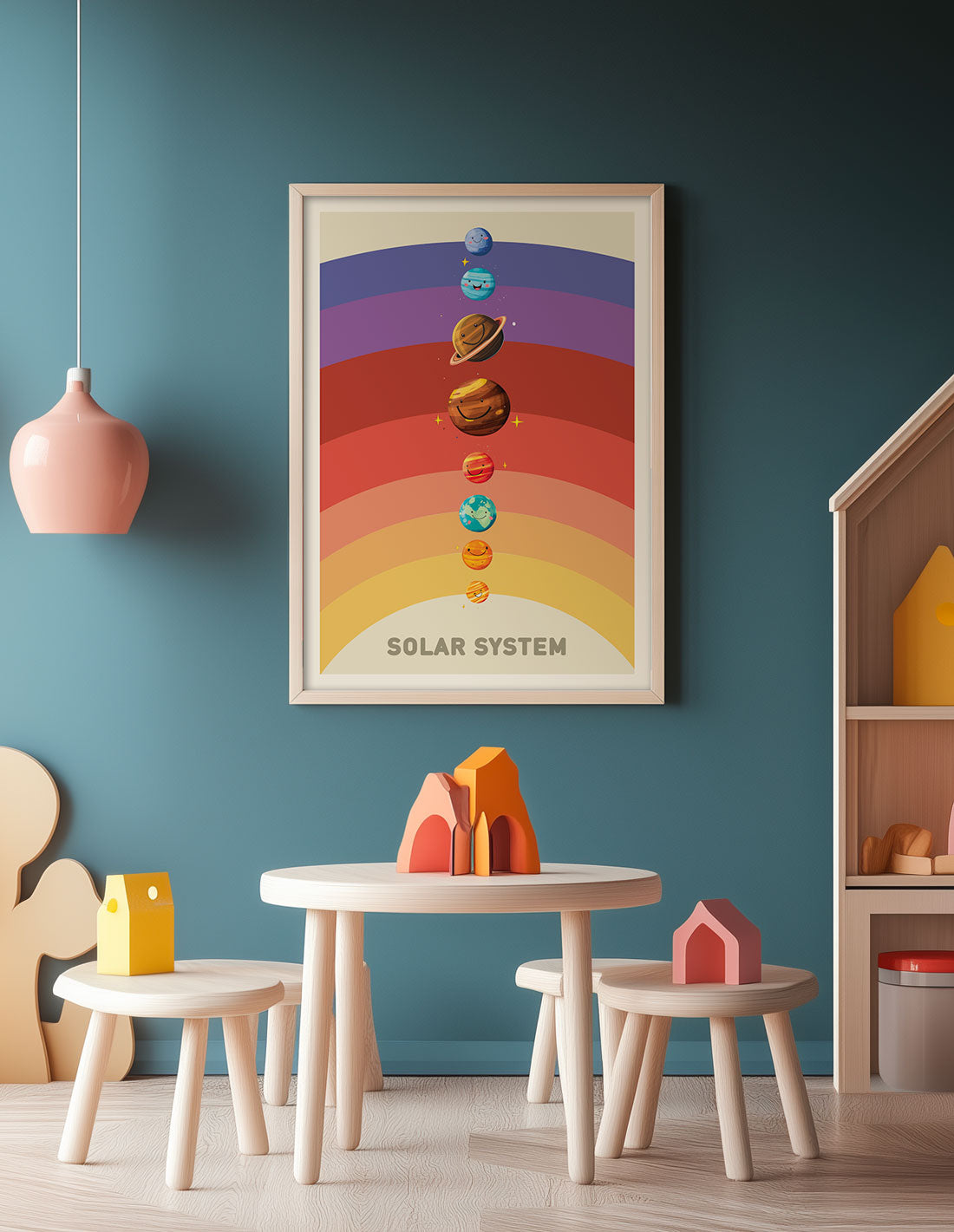 Affiche chambre enfant système solaire ludique encadrée dans une une salle de jeux.