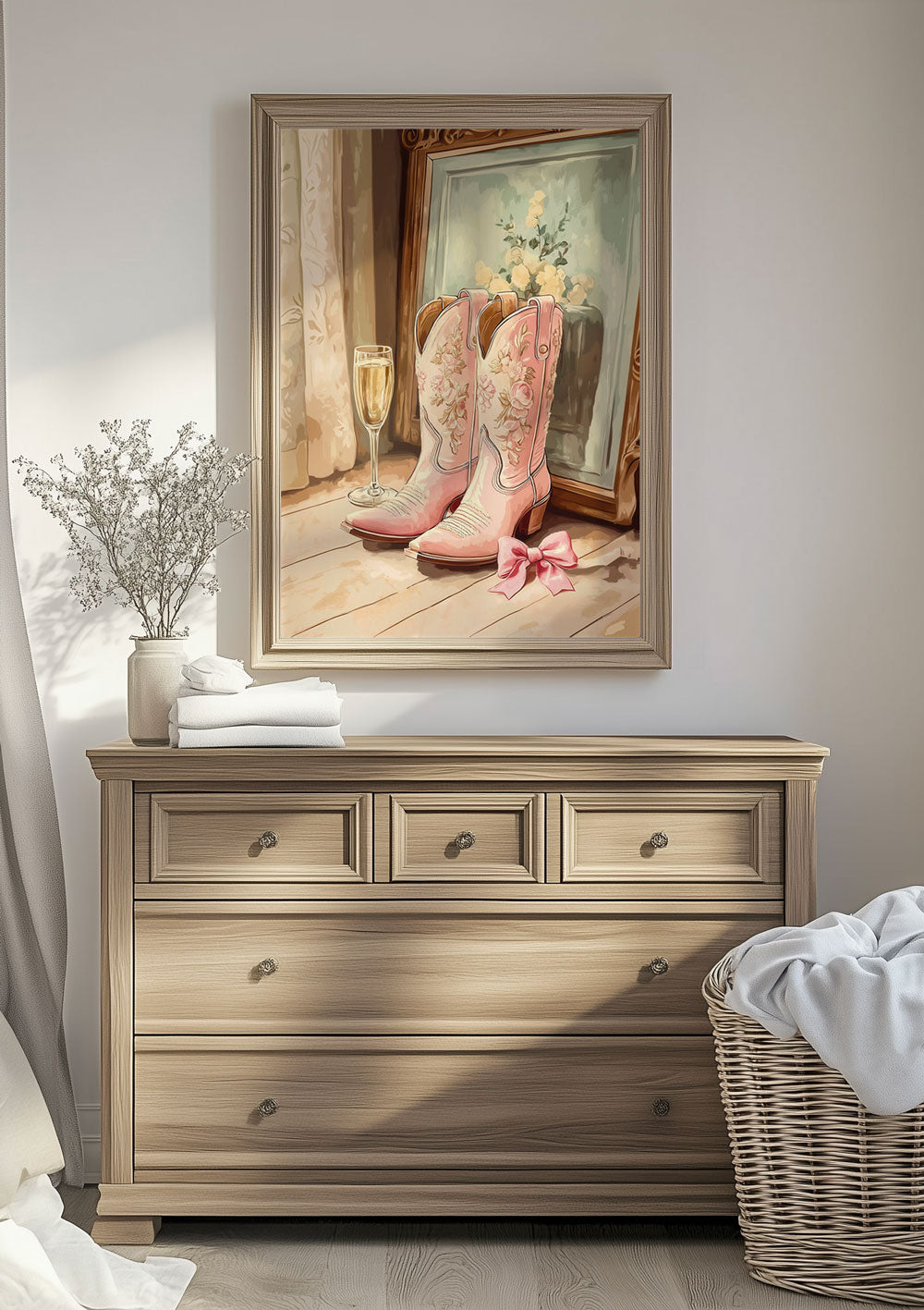 Affiche illustration Botte de cowboy et champagne encadrée au dessus d'un meuble.