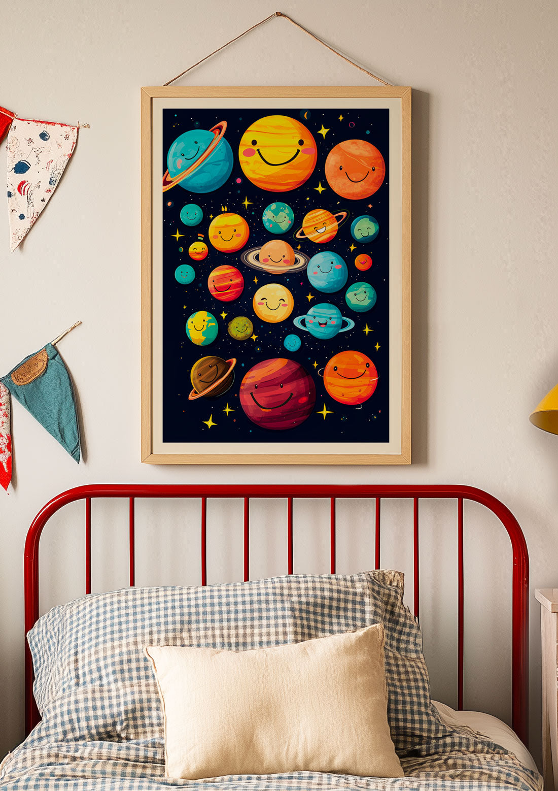 Affiche chambre enfant de planètes colorées encadrée au dessus d'un lit enfant.