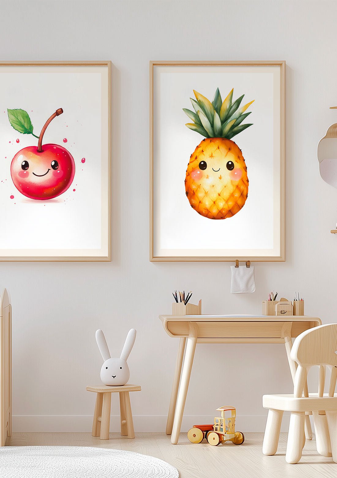 Affiche pour chambre bébé de l'ananas mise en situation à coté d'une autre affiche, sur un mur.