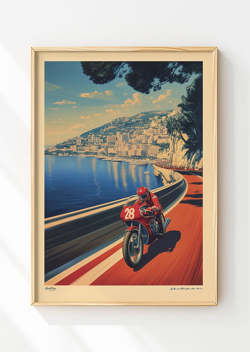 Poster vintage illustration d'une course de moto sur les routes de Monaco dans un cadre en bois.