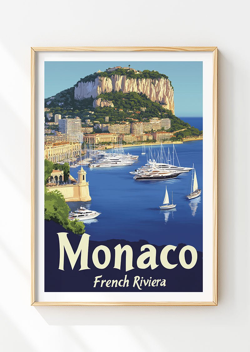 Poster vintage d'une illustration du port de Monaco, dans un cadre en bois