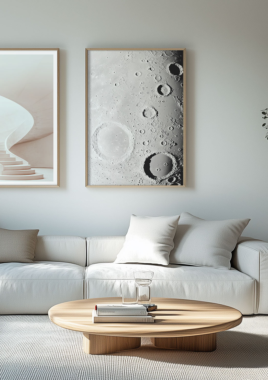 Duo d'affiches aux teintes clair encadrées au dessus d'un canapé.