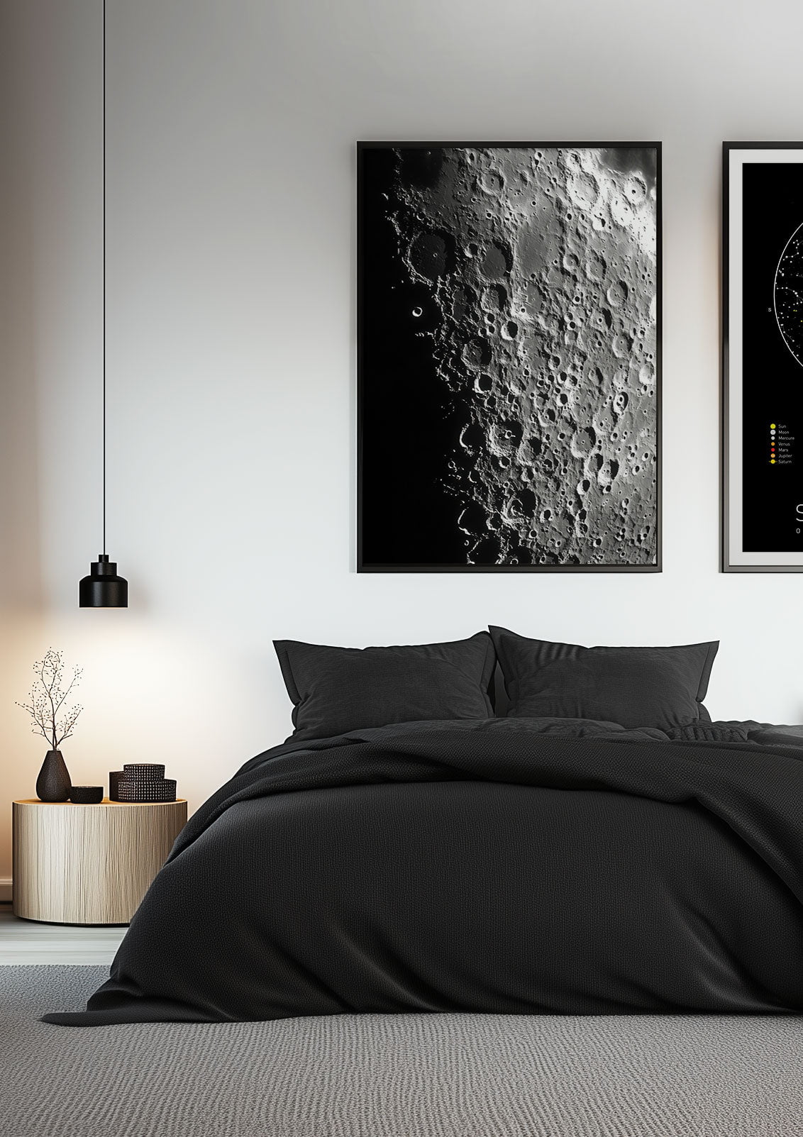 Poster photo zoom sur les cratères de la lune encadrée sur le mur d'une chambre.