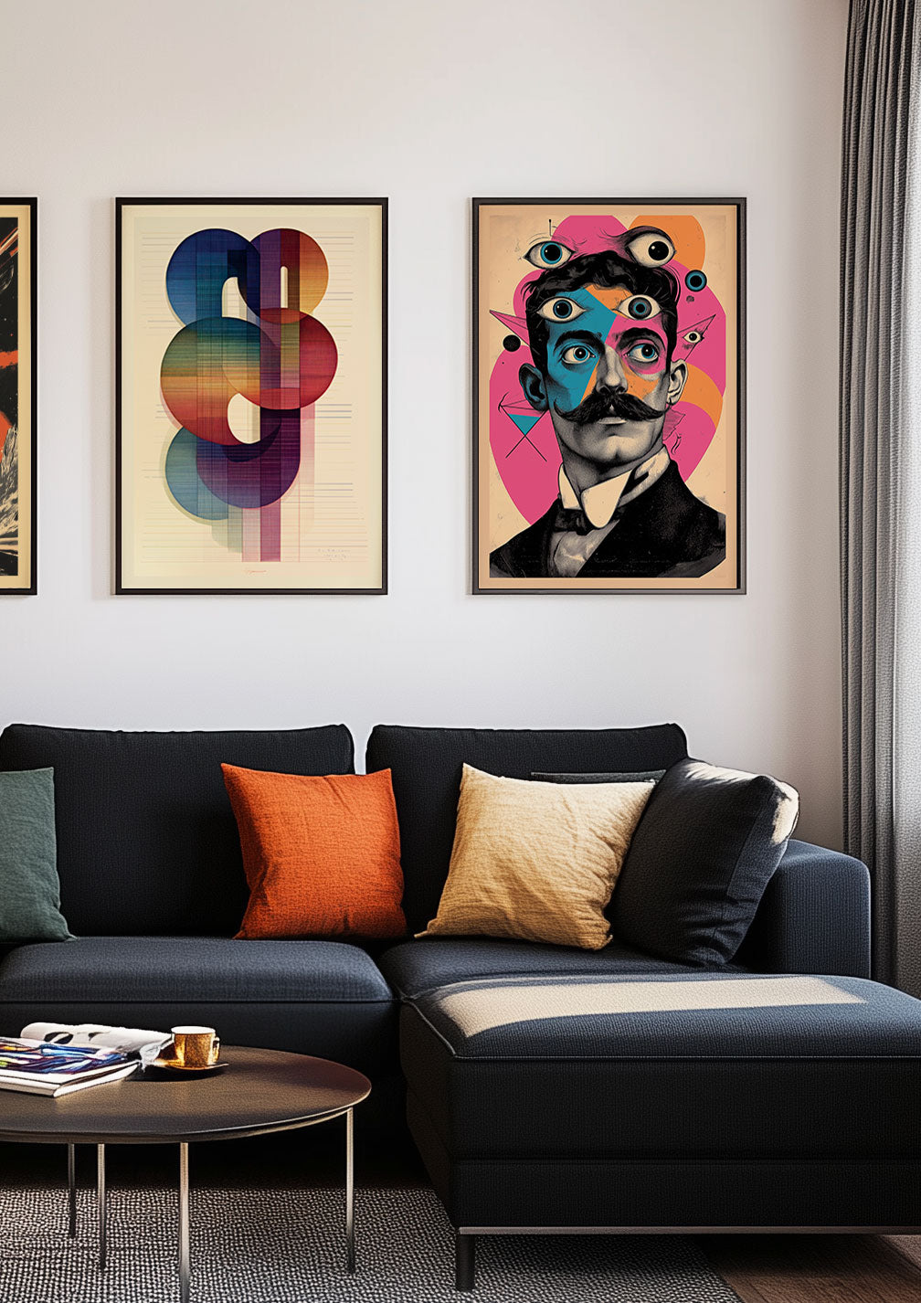 Duo d'affiches colorées mises en situation dans un salon.