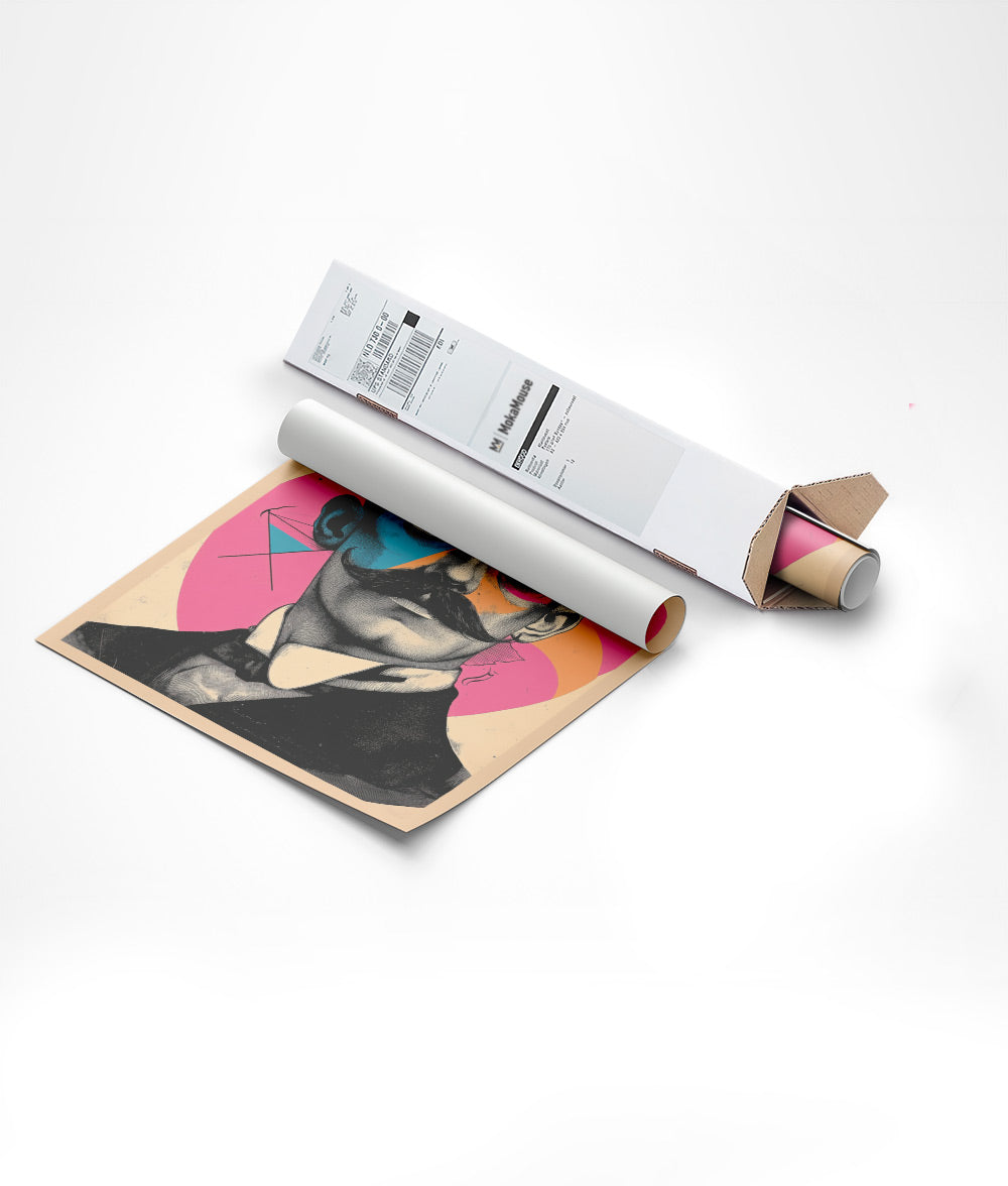 Emballage de l'affiche murale surréaliste homme et yeux dans un carton triangle.