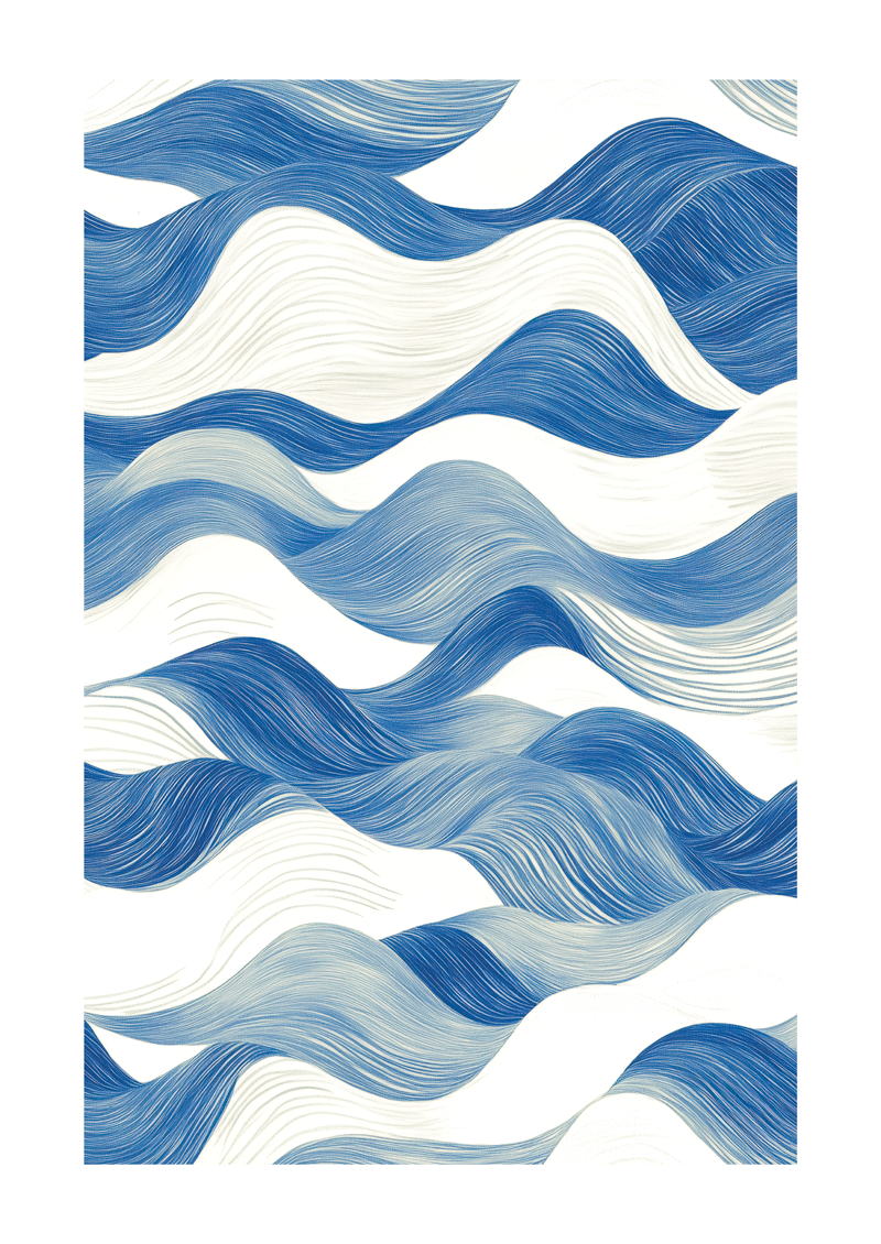 Affiche murale contemporaine de vagues bleues et blanches, bordure blanche.