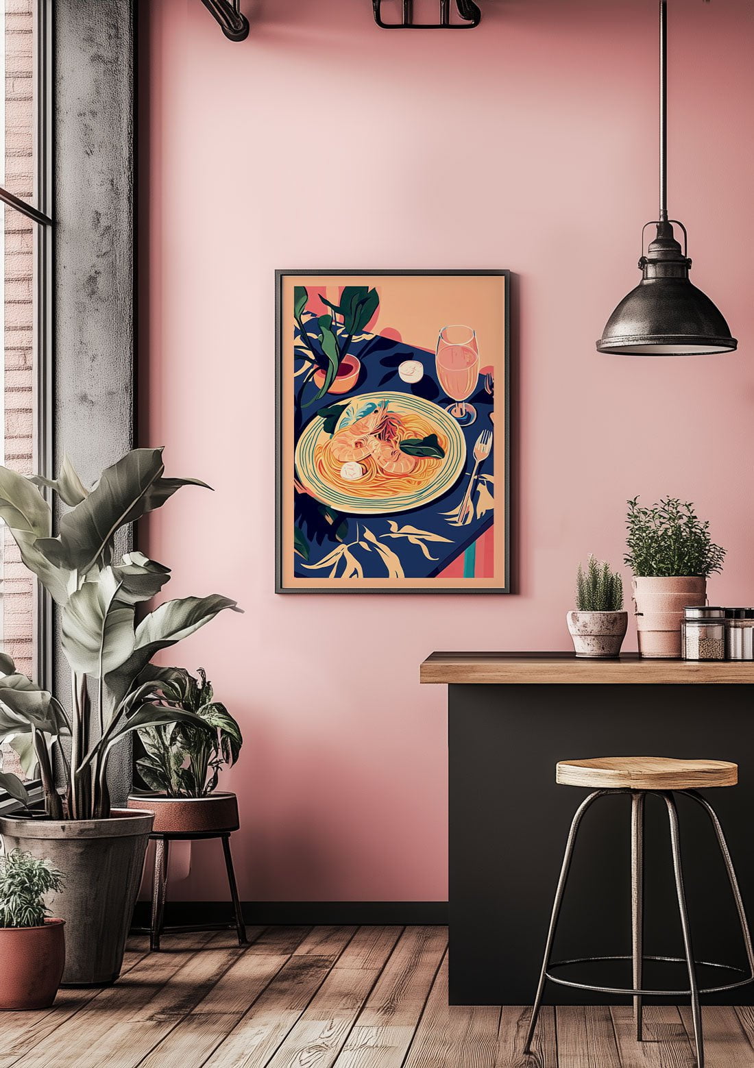 Affiche cuisine pâtes aux crevettes encadrée dans une cuisine au mur rose.
