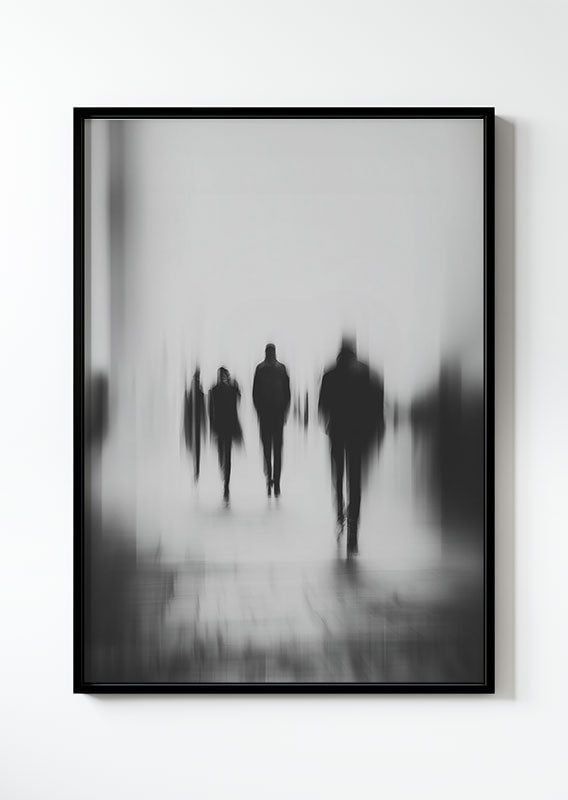 affiche photographie noir et blanc de personne marchant, dans un cadre noir