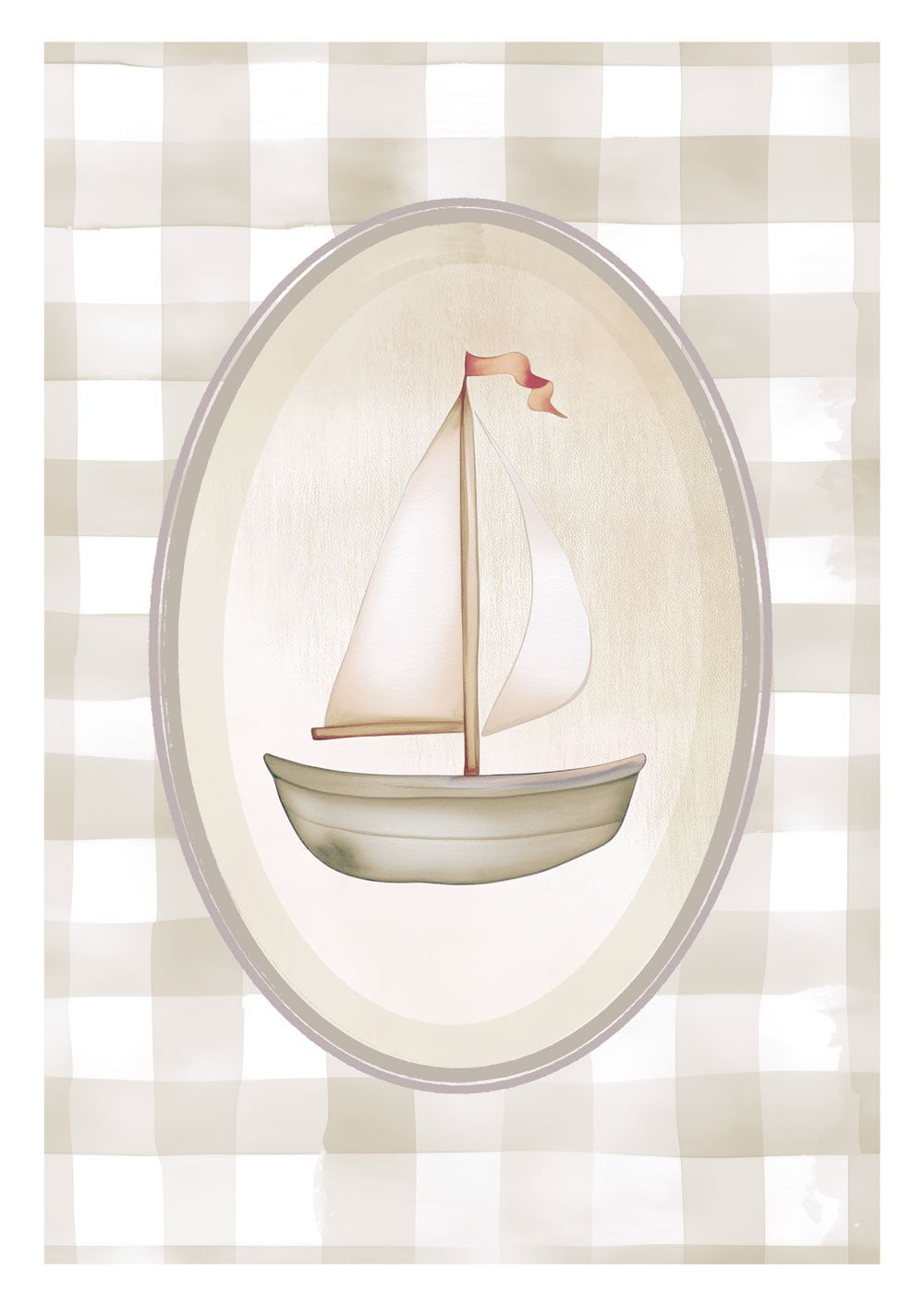 Affiche chambre enfant d'un petit bateau sur fond vichy, au coloris beige.