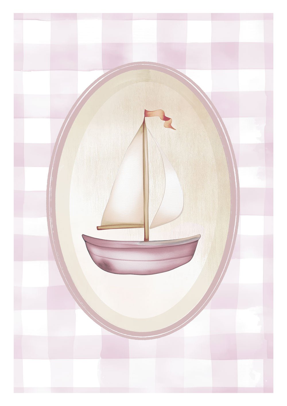Affiche chambre enfant d'un petit bateau aux teintes roses sur fond vichy.