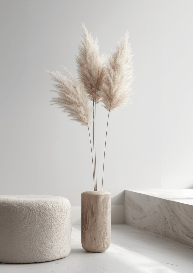 Photographie d'herbes de pampa placées dans un vase en bois flotté poli, dans un décor blanc et minimaliste.