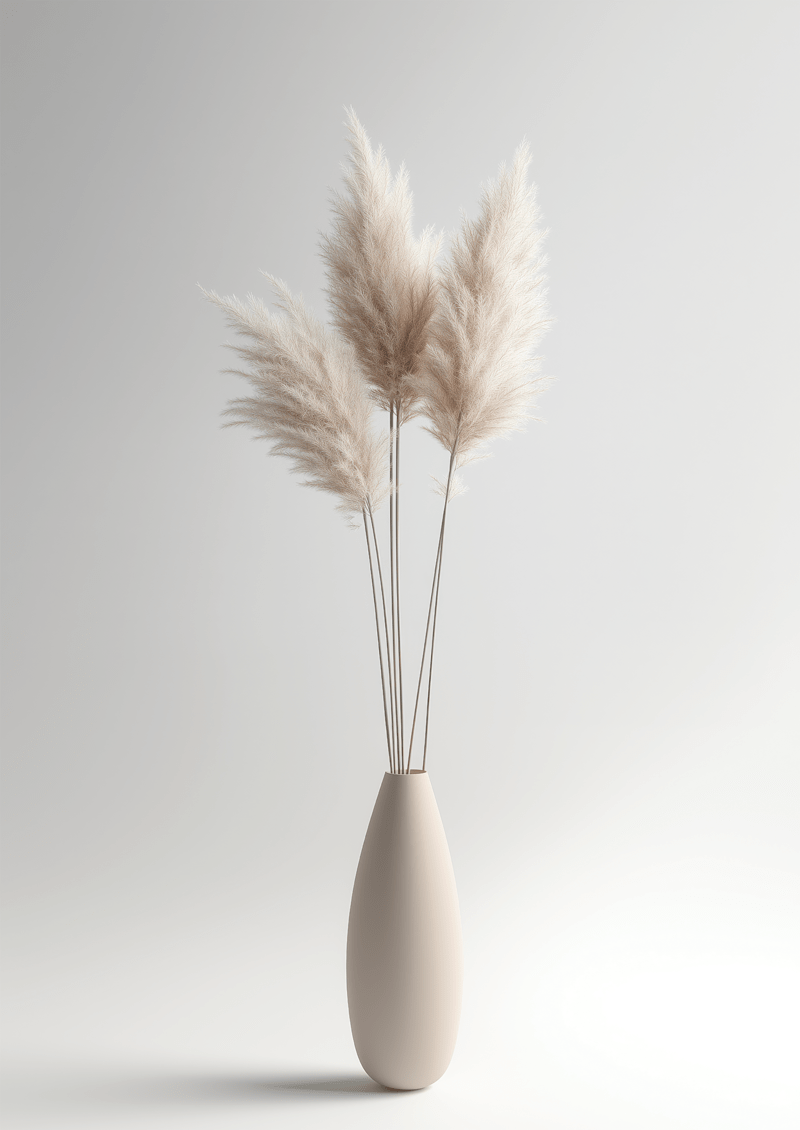 Photographie d’herbes de pampa dans un vase au design moderne, sur un fond gris très clair.