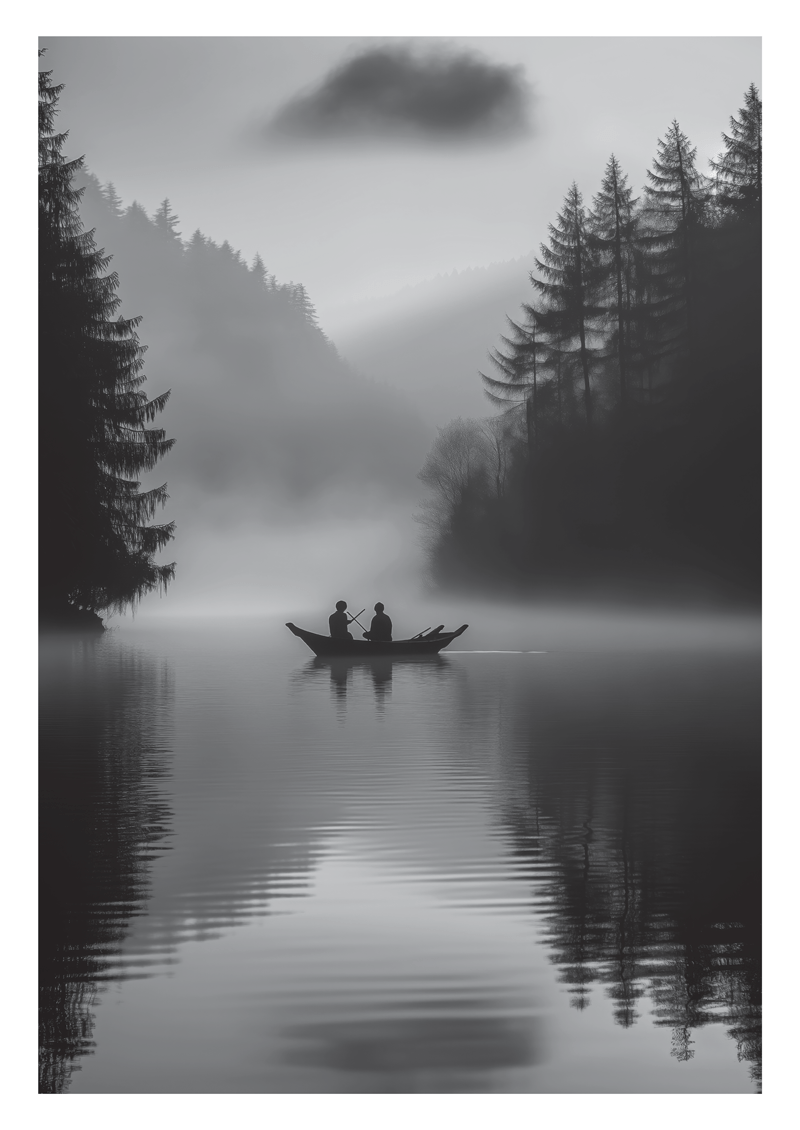 Poster photo en noir et bleu de deux homme dans une pirogue, sur un lac.