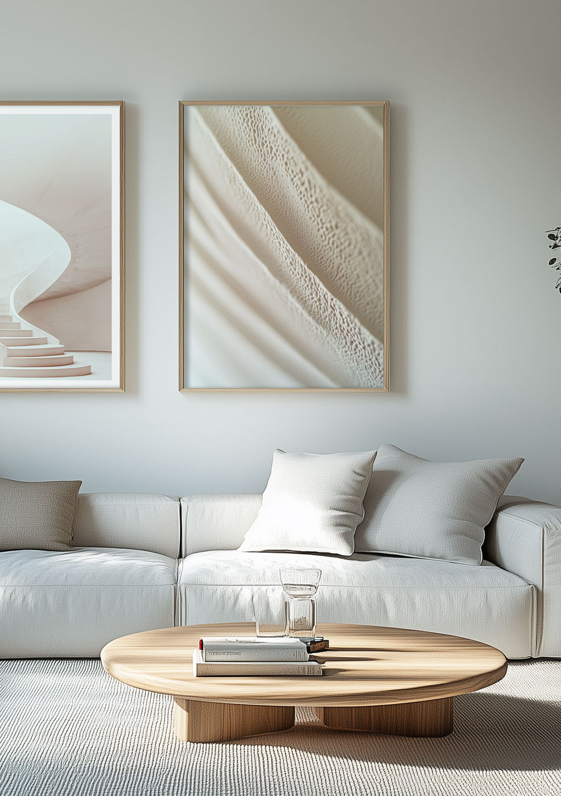 Duo d'affiche murale minimaliste couleur crème mise en situation dans un salon.