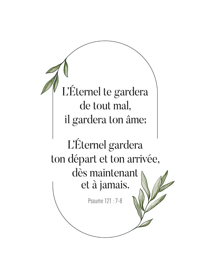 Affiche chrétienne verset de la bible psaume 121:7-8 avec des feuilles d'olivier format 30x40cm