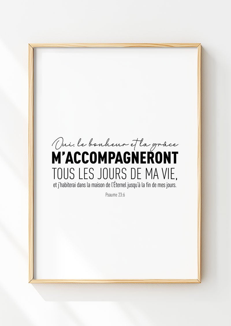 Affiche chrétienne du psaume 23:6 dans un cadre en bois