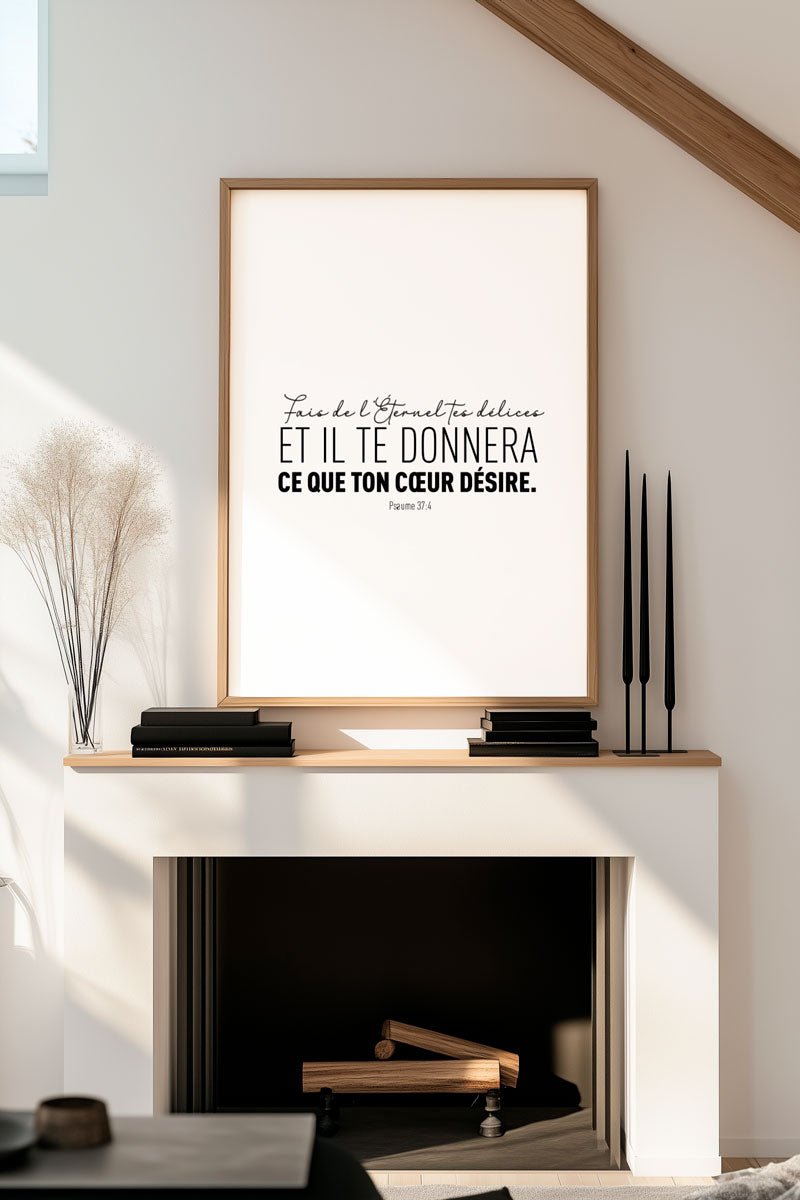 Affiche chrétienne psaume 37:4 couleur noir, encadrée sur un mur