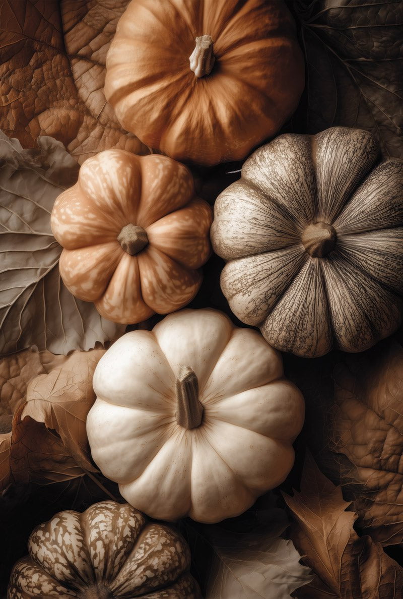 Poster automne montrant des citrouilles sur des feuilles séchées en format 40x60cm