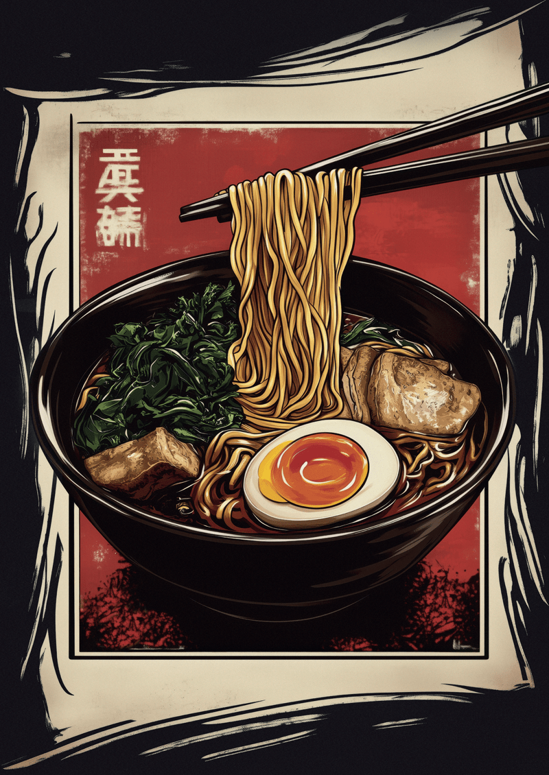 Affiche cuisine d'un bol de ramen avec un œuf, sur fond rouge noir et blanc.
