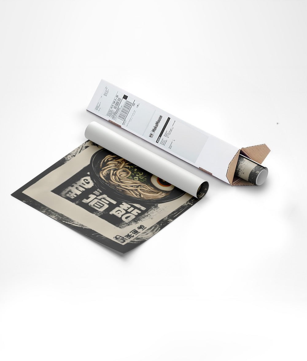 Affiche ramen et nori emballée dans un carton de forme triangulaire.
