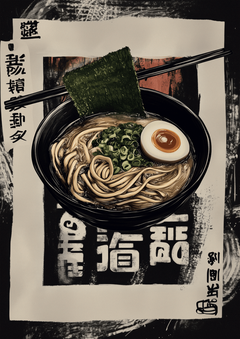 Affiche cuisine d'un bol de ramen avec feuille de nori, sur fond noir et blanc.