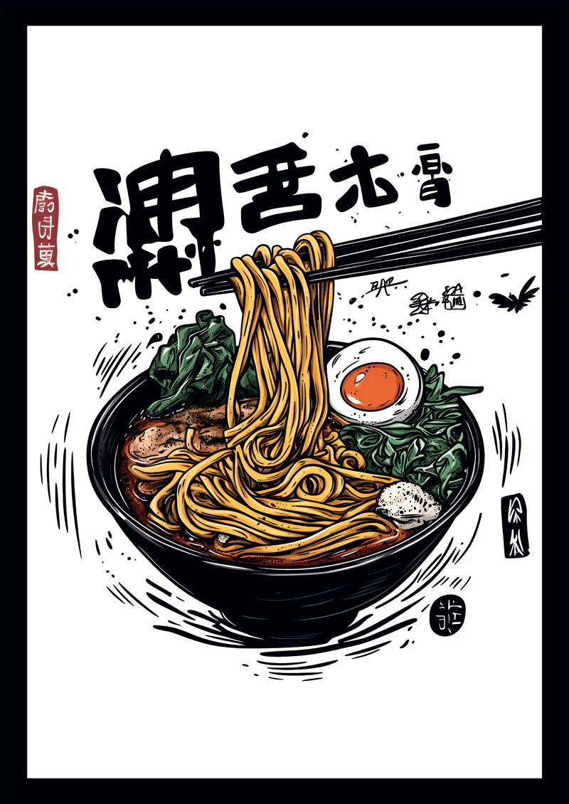 Affiche cuisine bol de ramen avec écriture japonaise sur fond blanc.