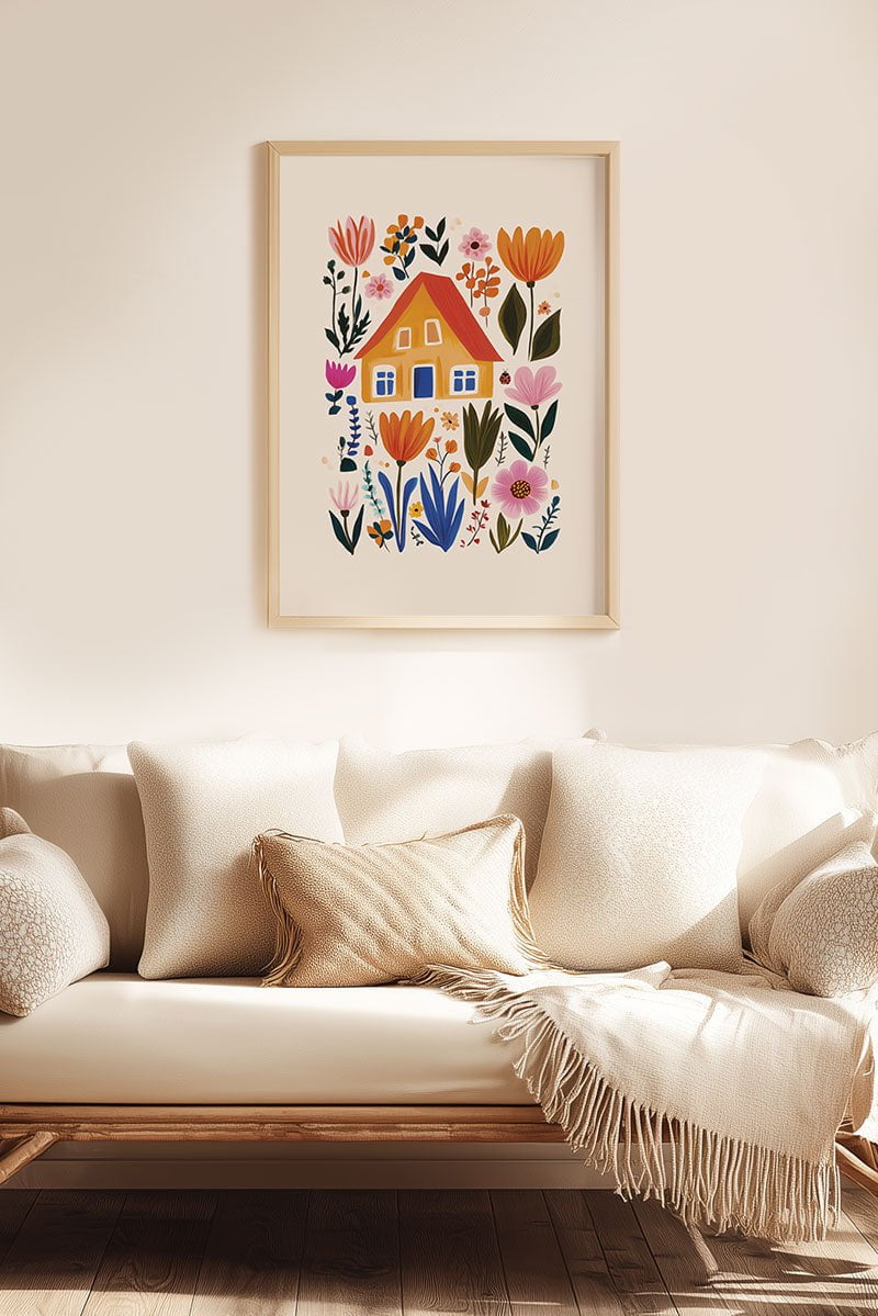 Affiche folk art d'un dessin d'une maison entourée de fleurs colorées encadrée dans un salon