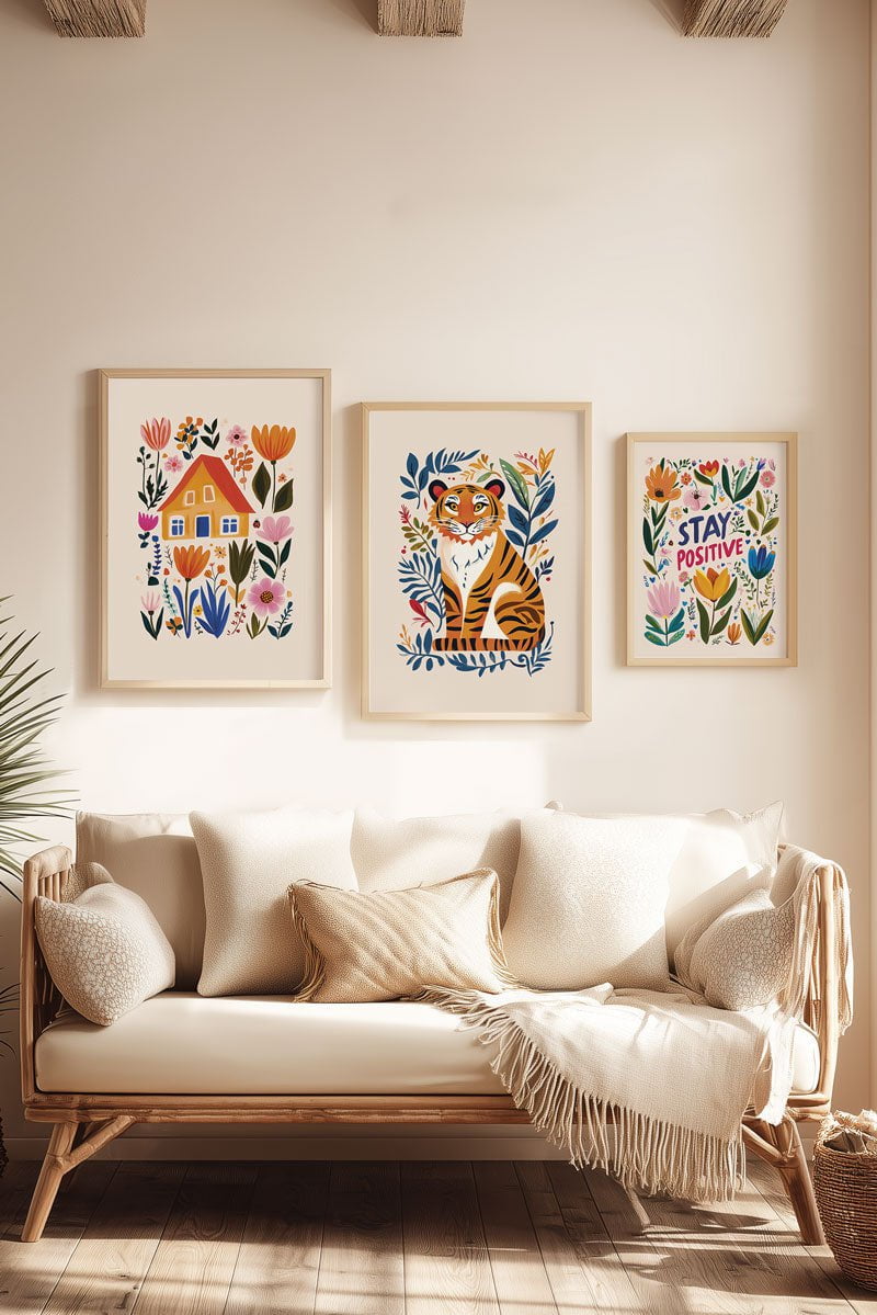Trio d'affiches folk art maison, tigre, et "stay positive" encadrées sur le mur d'un salon
