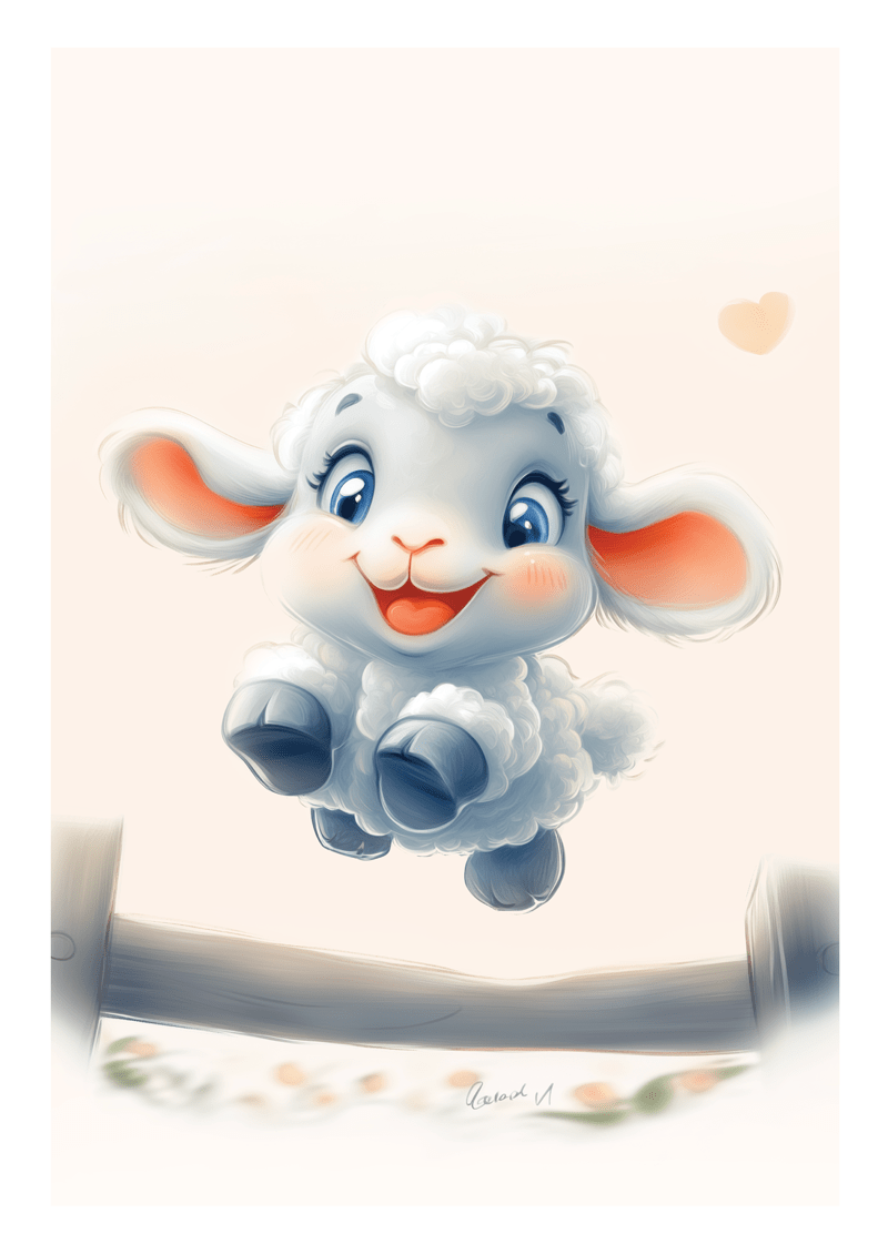 Affiche pour chambre bébé d'un mouton sautant une barrière, sur fond blanc.
