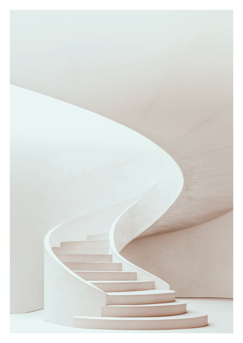 Affiche murale contemporaine d'un escalier blanc minimaliste avec bordure blanche.