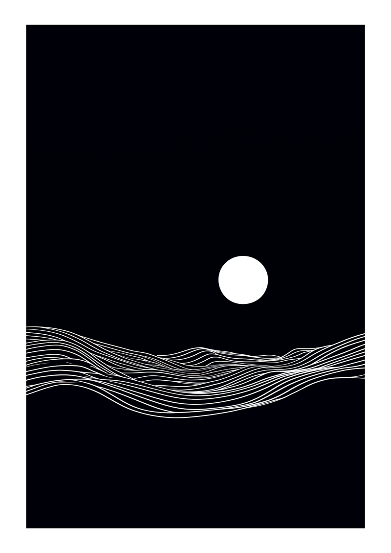 Affiche murale surréaliste d'un océan fait de lignes blanches sur fond noir avec un soleil