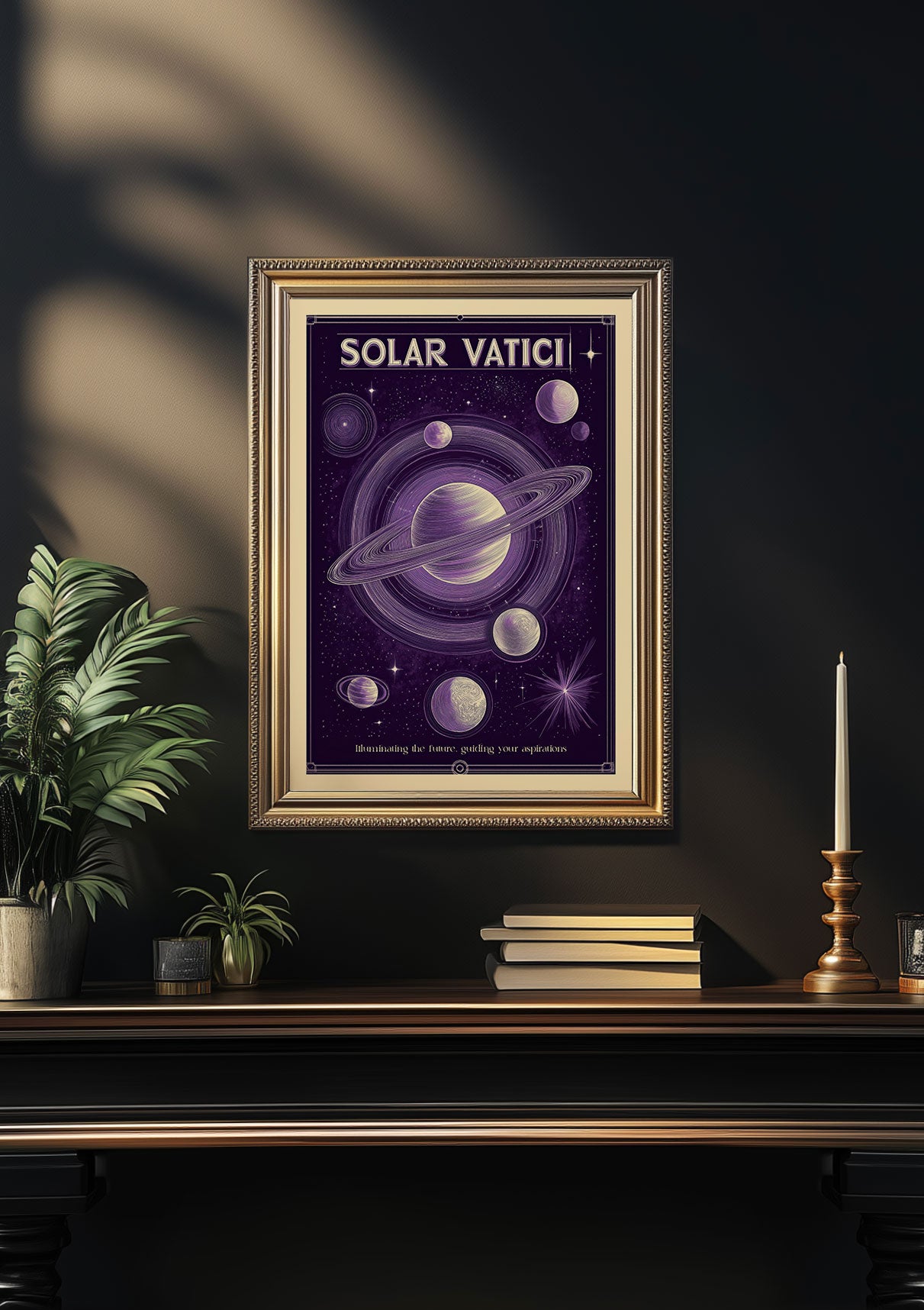 Affiche vintage d'un système planétaire imaginaire mise en situation sur un mur noir.