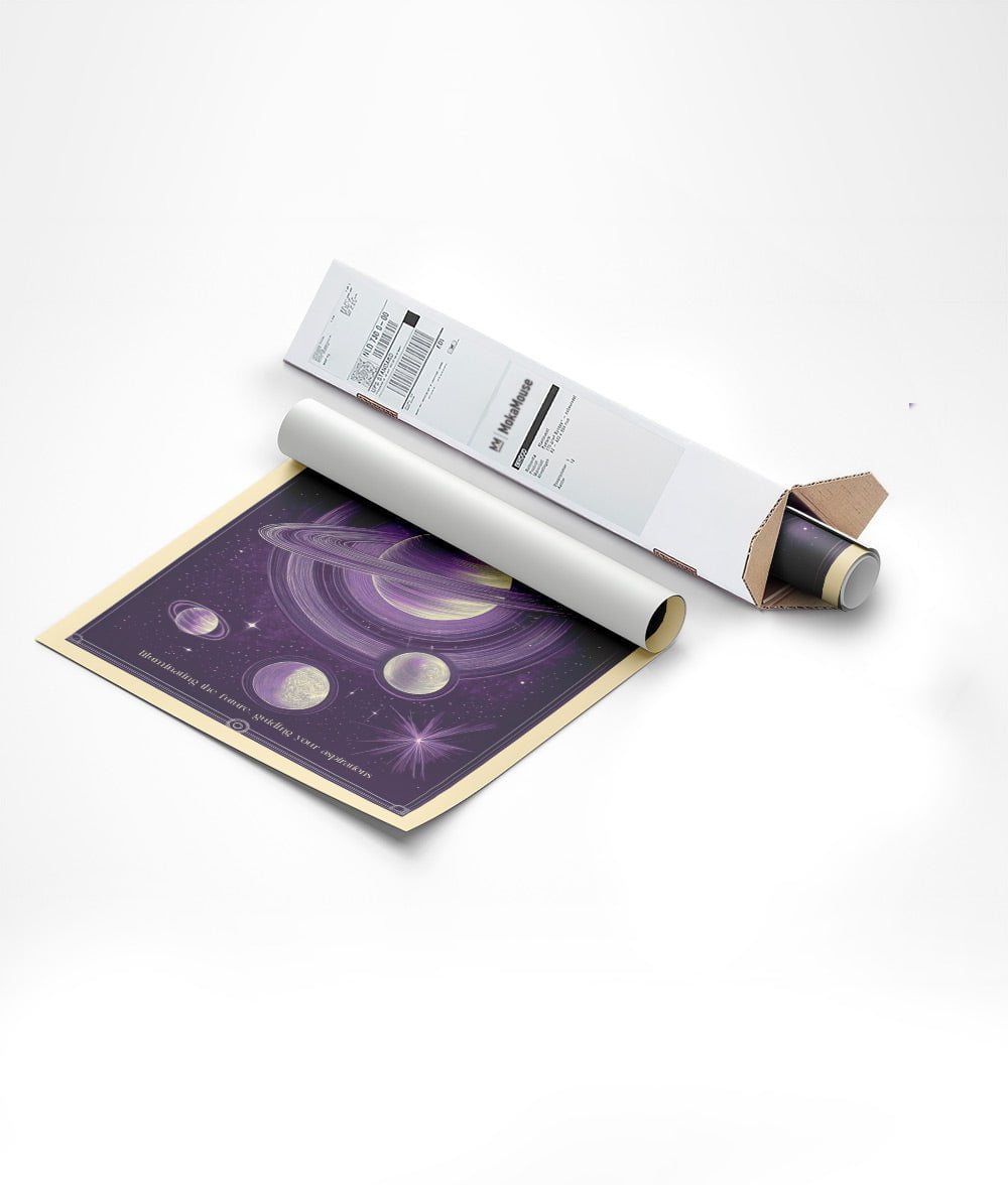 Affiche du système planétaire imaginaire emballée dans un carton triangulaire.