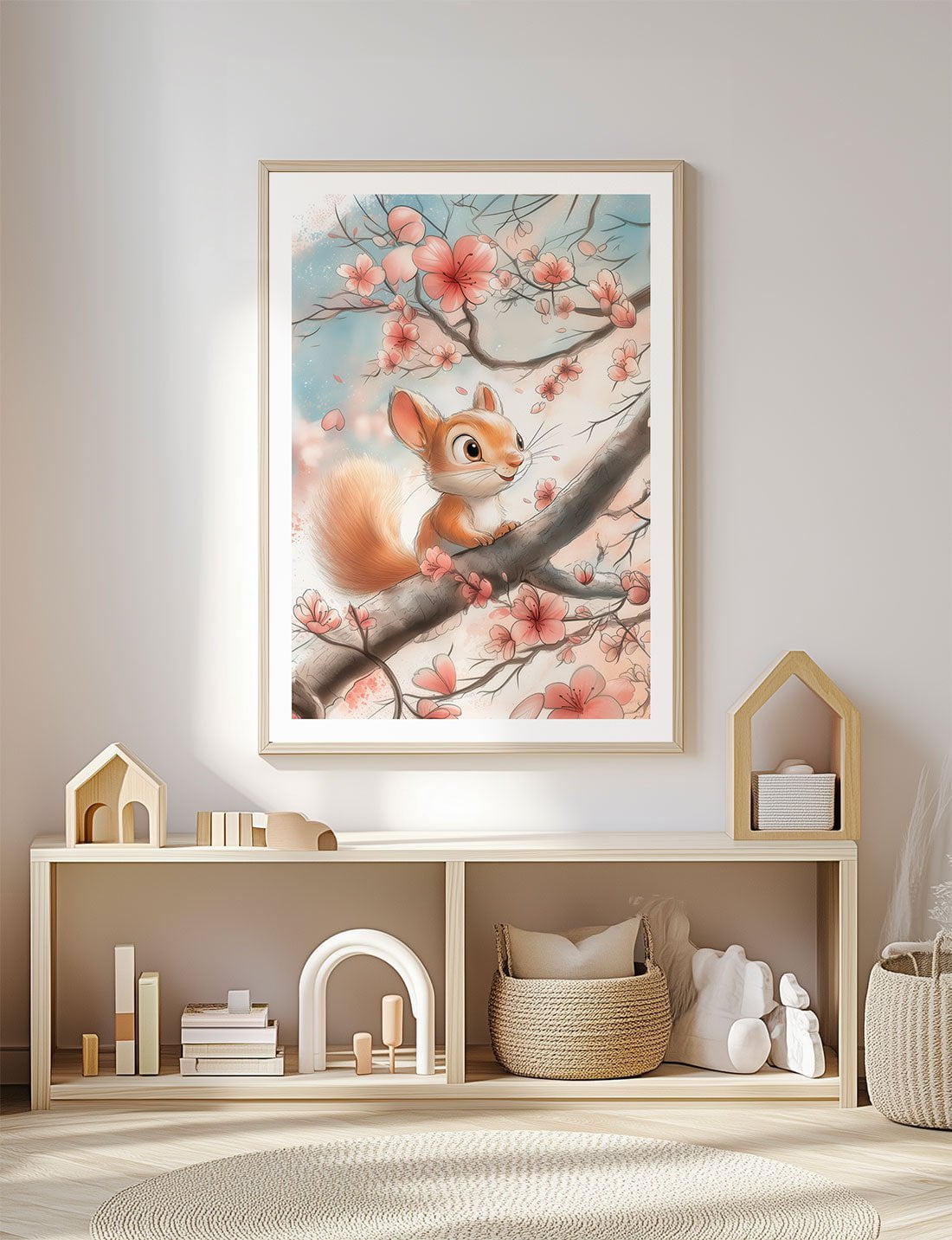 Affiche chambre enfant écureuil dans un cerisier, encadrée dans une salle de jeux.